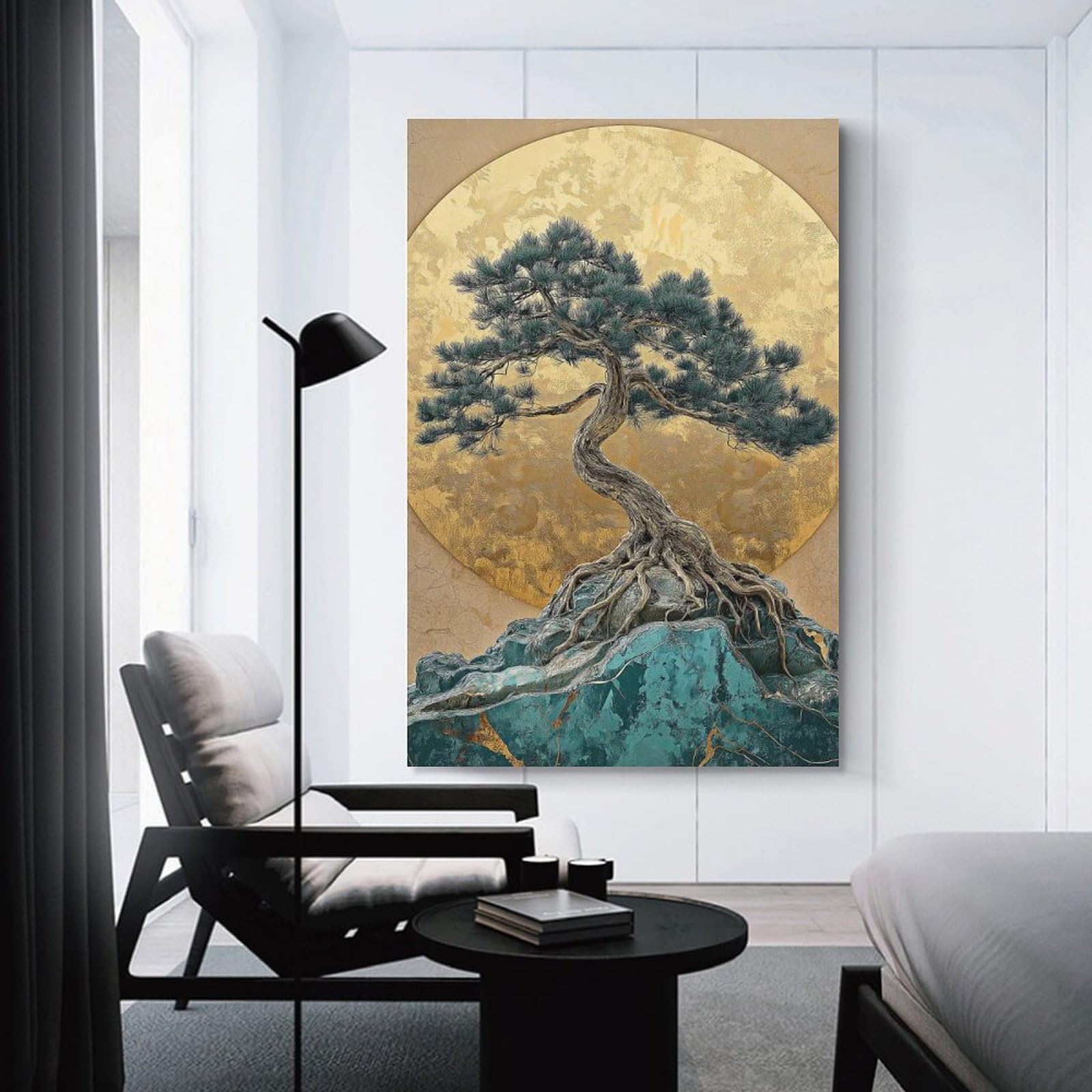 Junmoney Golden Bonsai Tree Art Canvas Art Print, 20x30inch(50x75cm), for Restful Interiors, Bedrooms Or Small Rooms, A Warm Accent for Relaxed Interiors