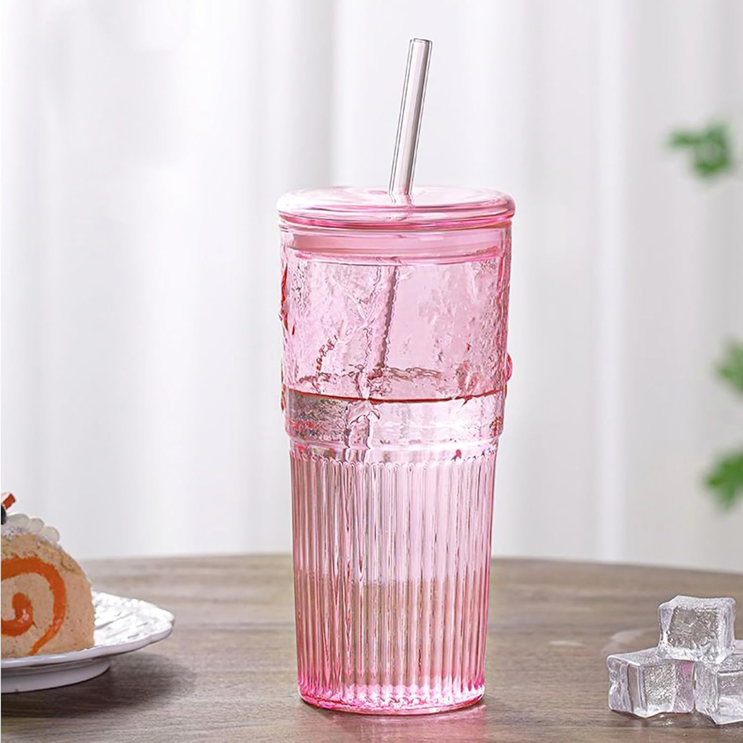JunVpic Szklane kubki do kawy z pokrywkami i słomkami, 590 ml, różowe szklanki do mrożonej wody, do soku lodowego, herbaty, mleka, smoothie i zimnych lub gorących napojów, zestaw 2 szt