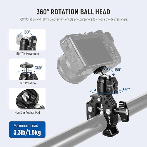 Vista 18 de NEEWER Super Clamp con brazo mágico de cabeza esférica doble de 3 pulgadas, zapata fría, roscas de 1/4 pulgadas, adaptador de montaje de cámara