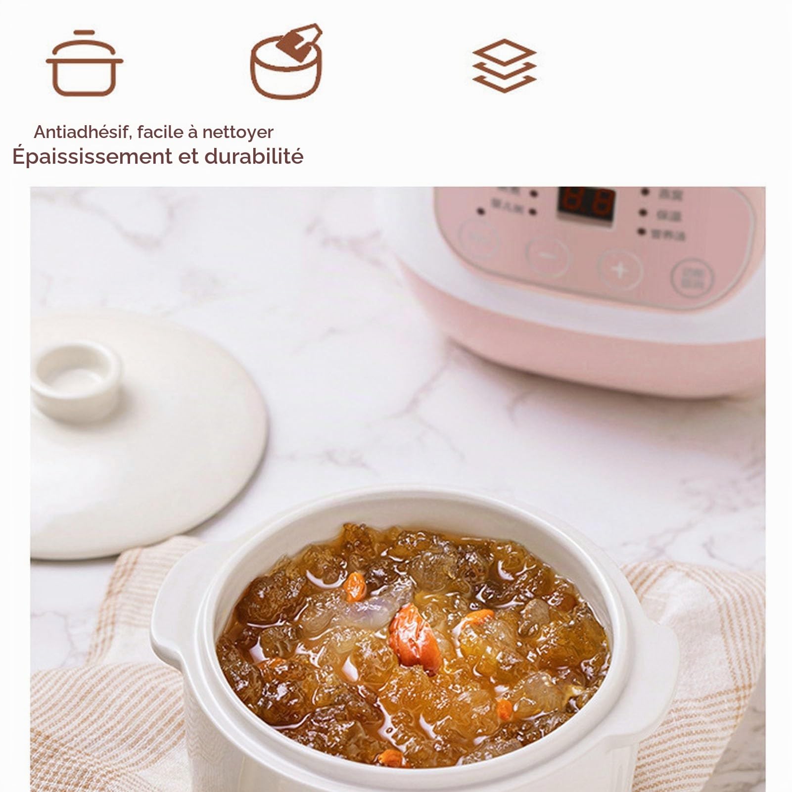 Marmite électrique, Cuiseur électrique Intelligent en Céramique de 1 L, Support Anti-brûlure Sèche pour la Soupe au Riz et au Porridge (Prise UE 220V)