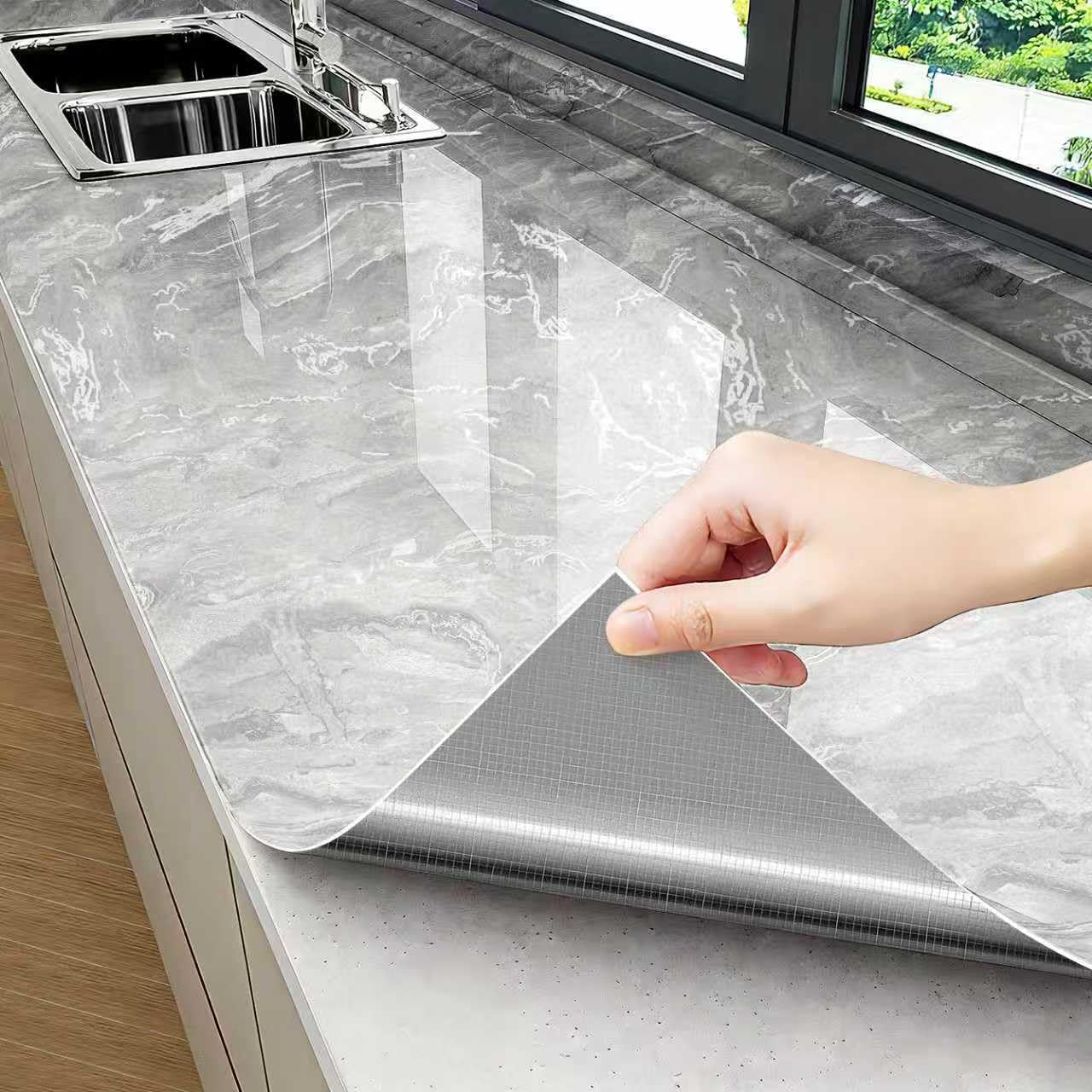 Thick Glossy Grey Silver Marble Peel and Stick Kitchen Sticker for Countertop and Cabinet Waterproof Removable Marble Contact Wallpaper with Air Guide Slot Self-Adhesive Furniture Sticker 23.6"x393.7"