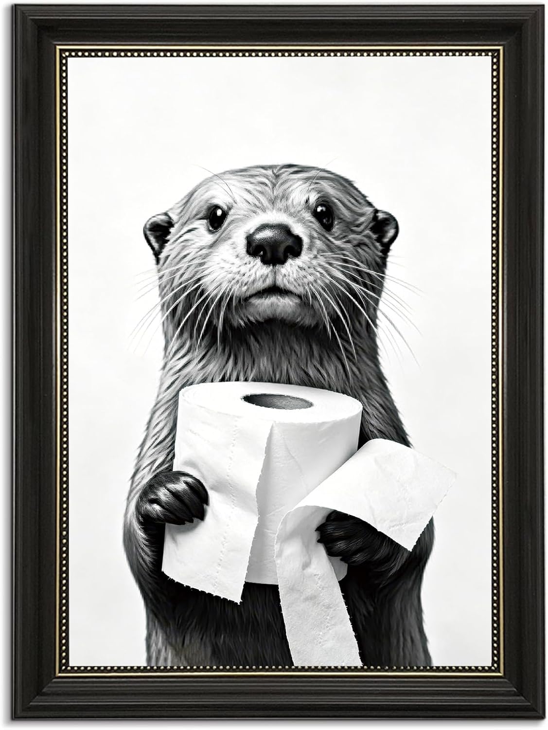 NDEINALF Funny Otter Bathroom Wall Art, Framed Black and White Canvas Print, Otter Holding Toilet Paper, Humorous Animal Restroom Decor, 12x16 Inch