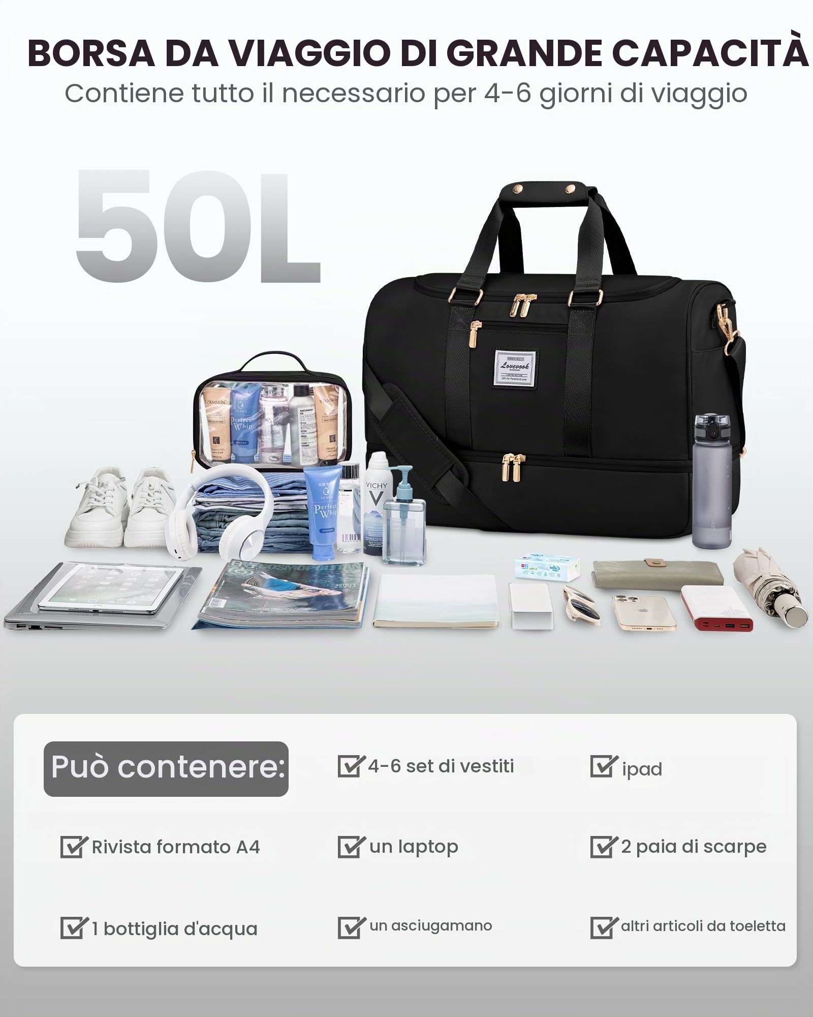 LOVEVOOK Borsone da Viaggio Borsa Palestra Donna, 50L Bagaglio a Mano con Scomparto per le Scarpe, Impermeabile Borsa Sportiva Piscina, Grande Weekend Travel Duffel Gym Bag per Aereo Fitness, Nero