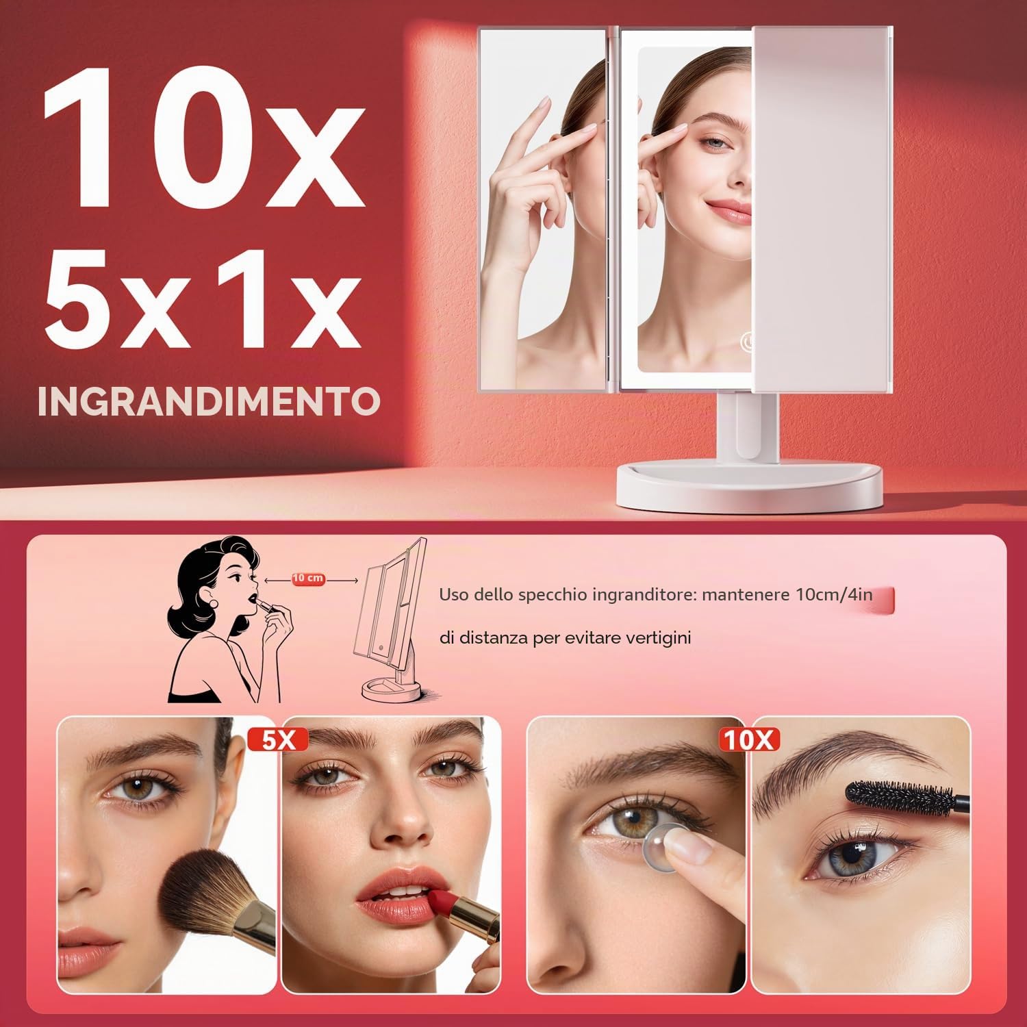 Auxmir Specchio Trucco con Luci Ricaricabile 2000mAh, Specchio Ingranditore 10X/5X/1X, Luminosità Regolabile, 3 Colori di Luce a 68pz LED, Ideale Regalo per Casa e Viaggio