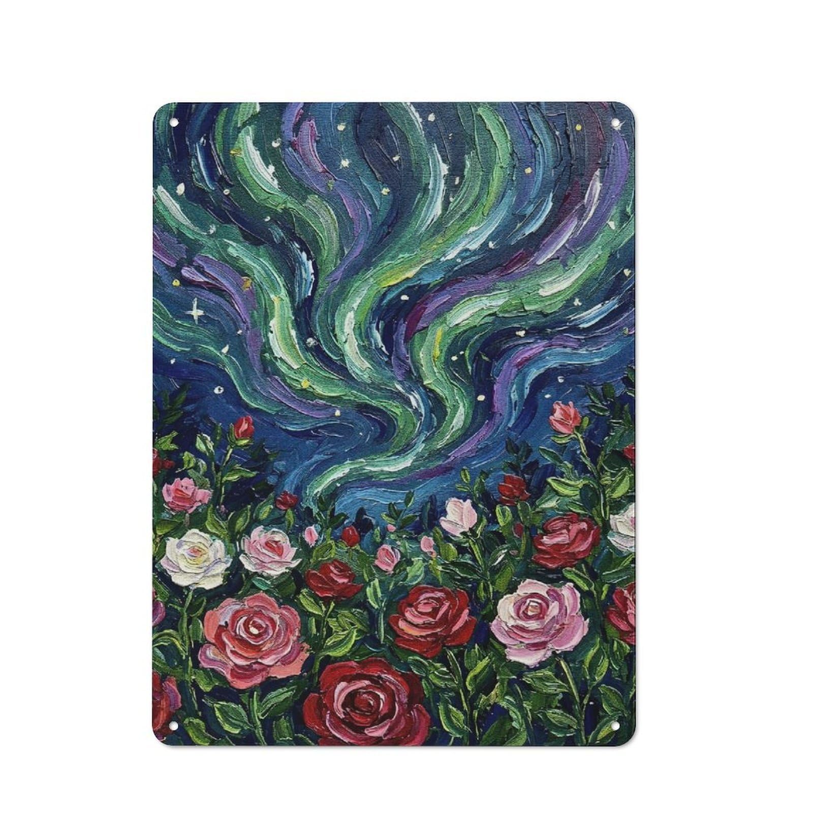 Junmoney Style-13 Aurora Borealis Over Rose Garden Painting Rustic Printed Metal Sign 40X30cm For Garage Or Workshop, For Garage, Workshop And Man Cave Decoration