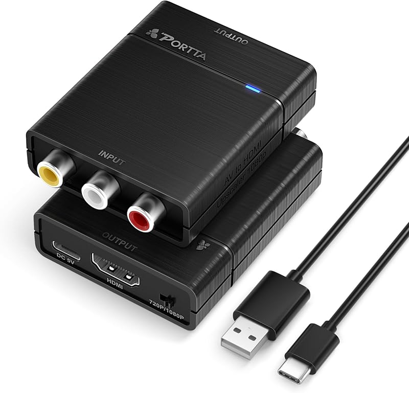 Portta AV to HDMI Converter 1080P, RCA to HDMI Converter, Composite CVBS to Audio Video Adapter, Support PAL/NTSC, Compatible with VHS/VCR/PS3/N64/Wii/STB/Xbox/Blue-Ray/DVD Players
