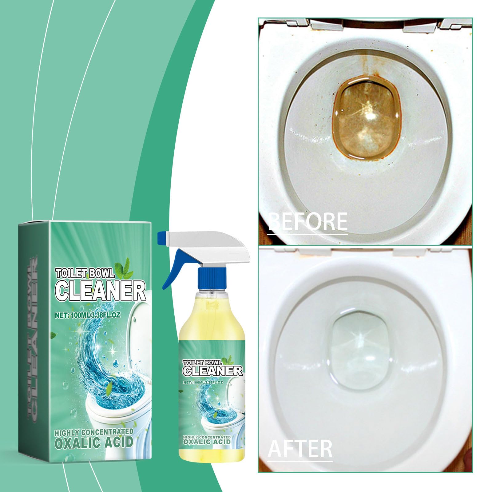 Total Lot de 2 sprays nettoyants hygiéniques et frais pour salle de bain à l'acide oxalique hautement concentré, contre le calcaire et la saleté, vaporisateur, détartrant 100 ml, spray nettoyant pour