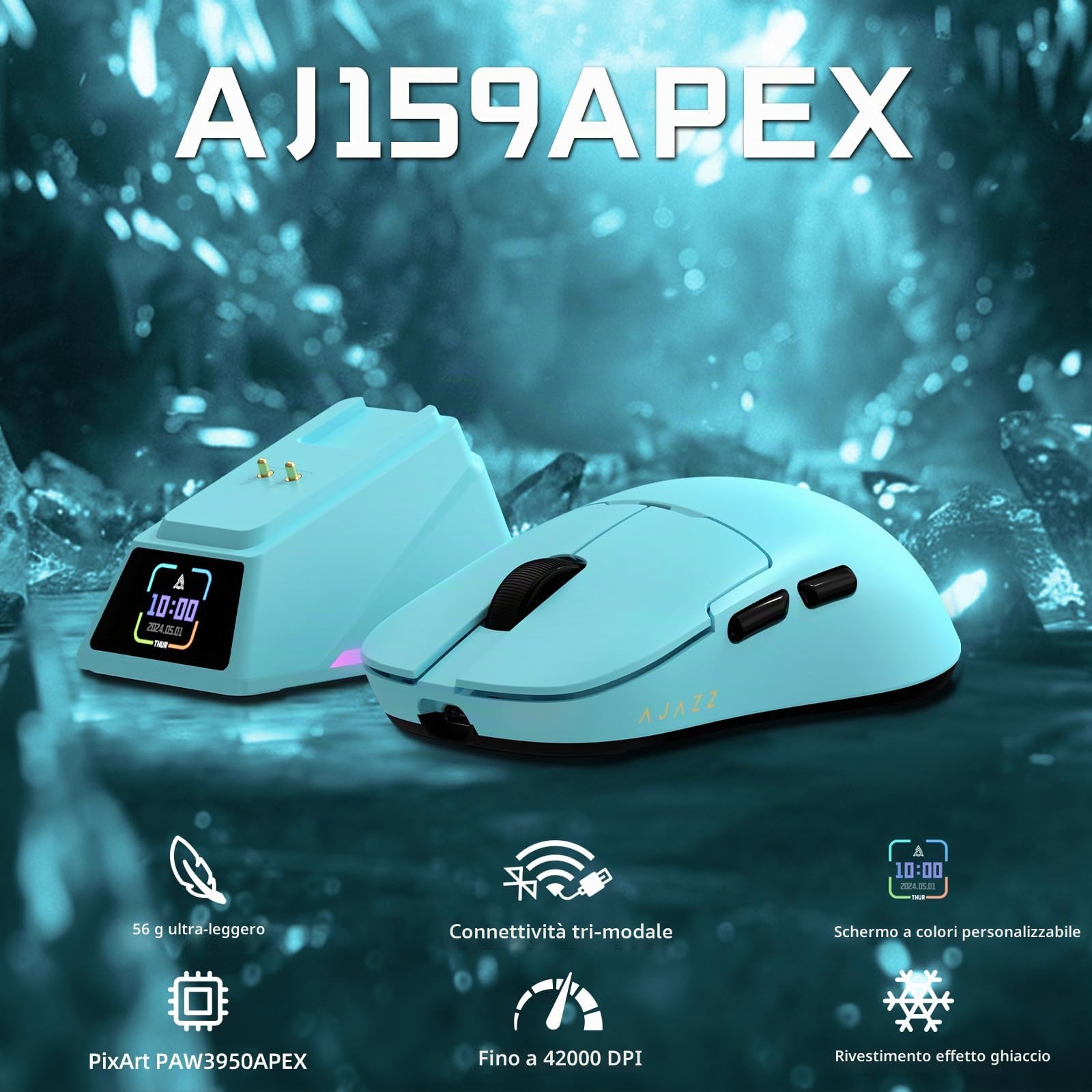 ATTACK SHARK Ajazz AJ159APEX PAW3950 Gaming Mouse, 42K DPI, Wireless 8K Hz Polling Rate, RGB Station di Carica con Schermo a Colori, 56g Ultraleggero Mouse da Gioco, 2.4G/BT/Cablato, PC/Mac, Blu