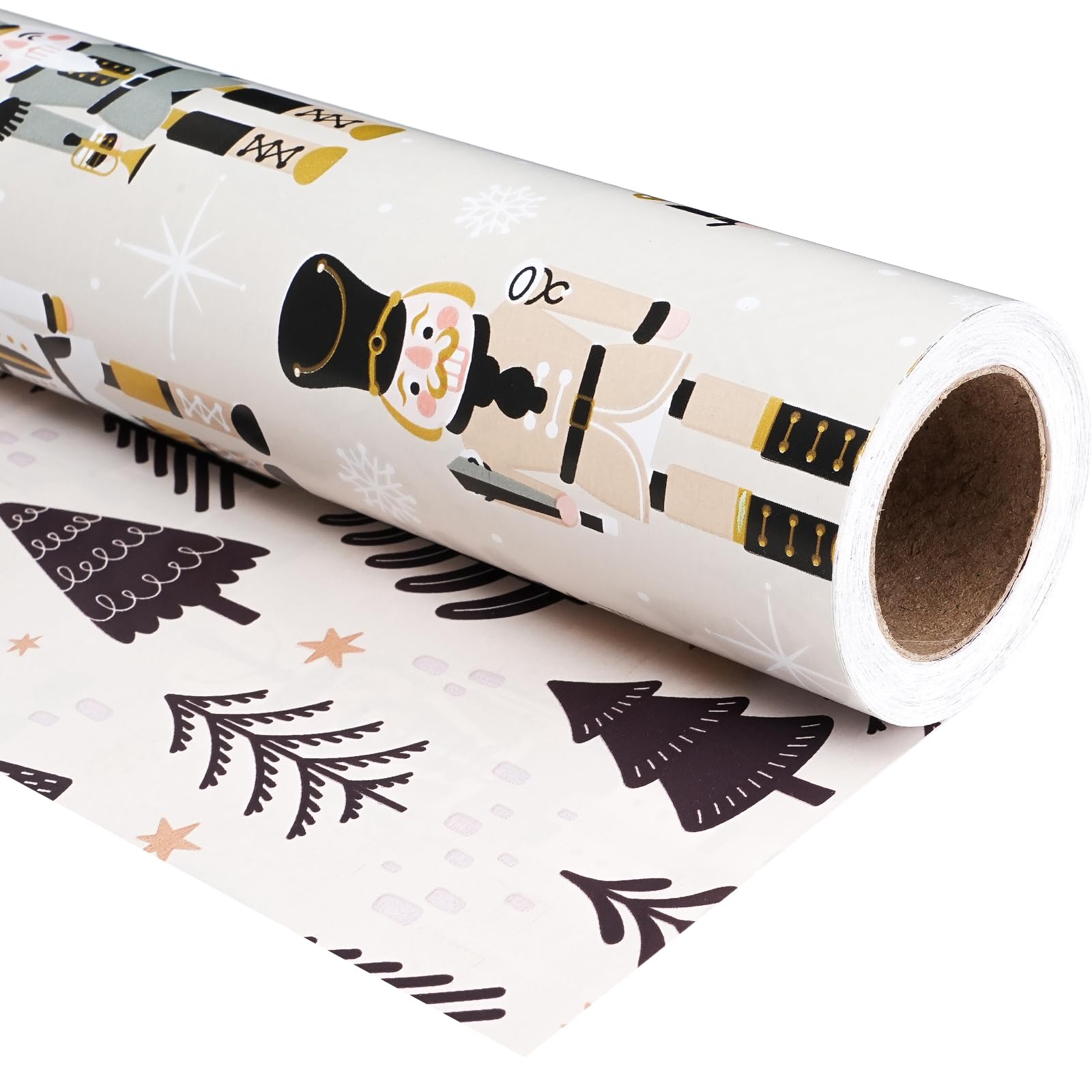 Ulmasinn Reversible Christmas Wrapping Paper Roll - 17" x33ft Double-Sided Designs with Luxury, Gold Nutcracker & Minimalist Black Forest, Xmas Gift Wrap for Presents, Table Decor & Crafting