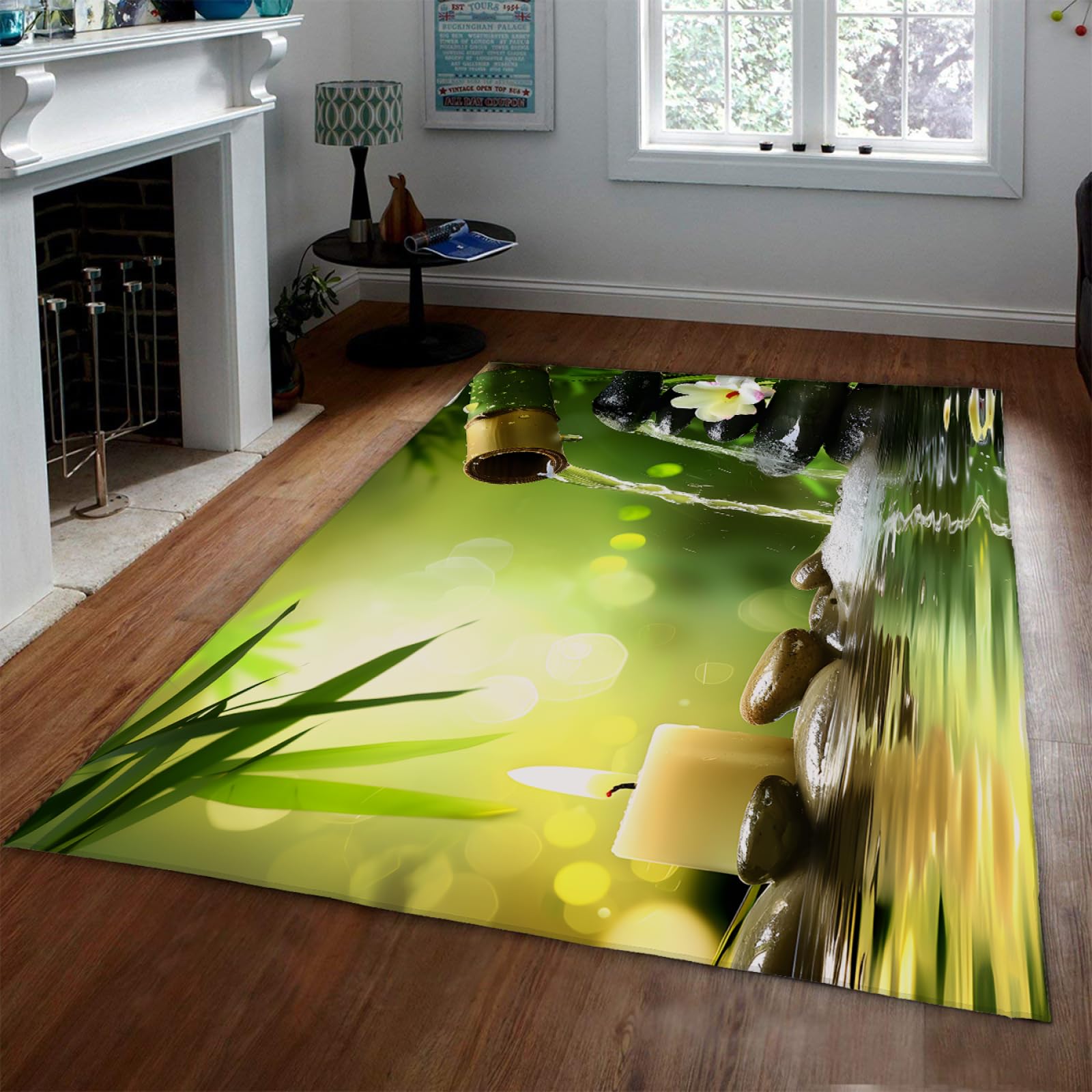 Méditation Art Tapis lavables Pierres et écoulement d’Eau Feuilles de Bambou Impression Réduction du Bruit Tapis antidérapant pour la décoration intérieure de la pièce 120x180cm