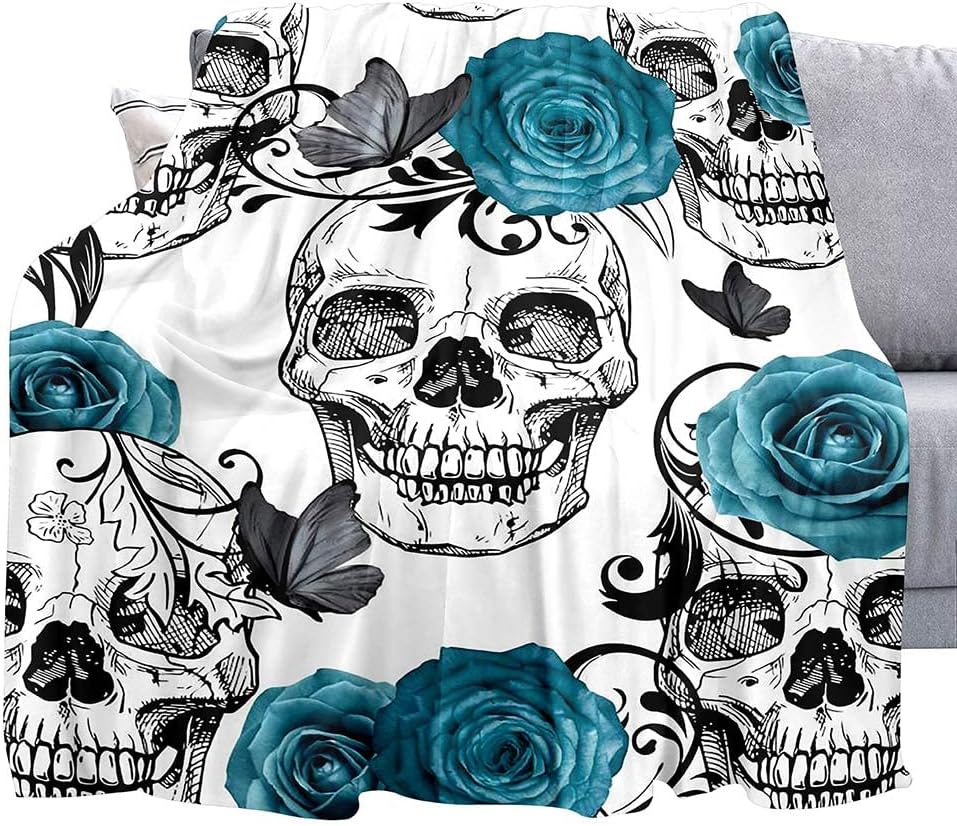 LUVIVIHOME Sugar Skull Throw Blanket - Teal Rose Floral Butterfly Skeleton Goth Blanket, Cozy Soft Lightweight Fluffy Fuzzy Warm Fleece for Couch, Sofa, 50"x60"