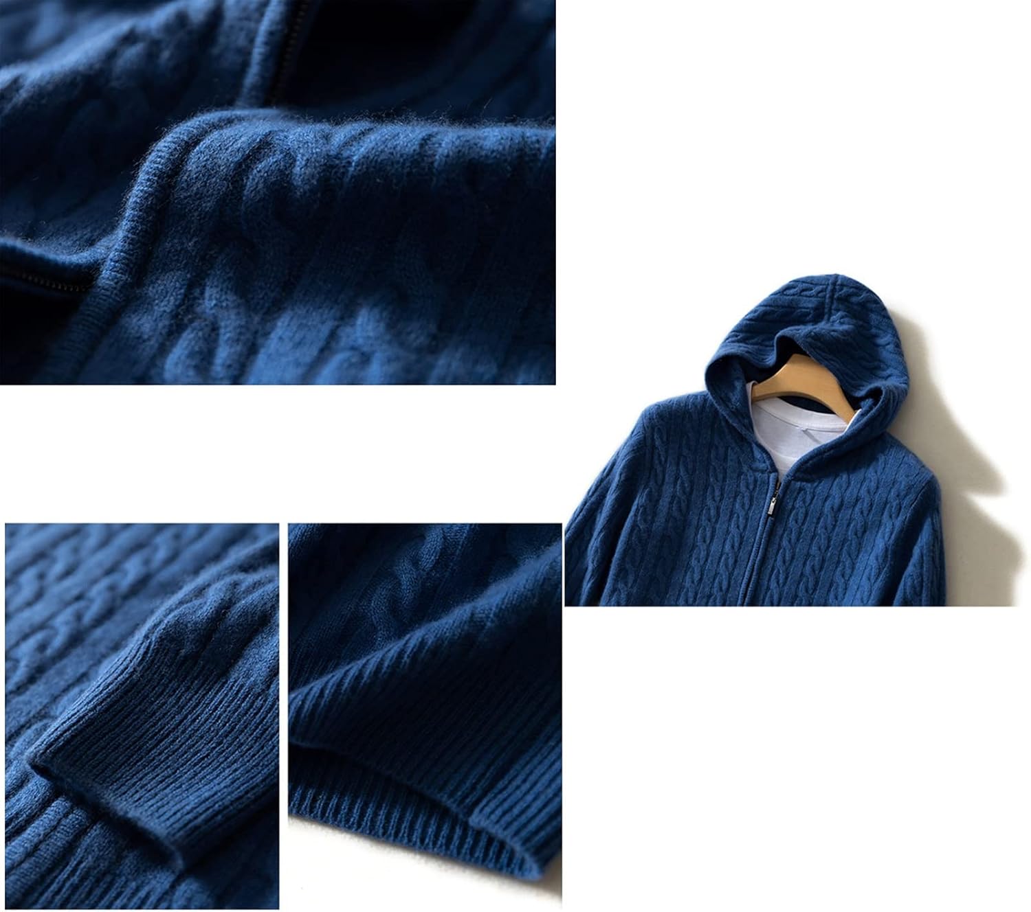 Men's Full Zip Hooded Sweatshirt Sweater, 100% Cashmere Zip Pullover Hoodie, Sports Zip Hooded Cardigan (Color : Blue, Size : Large)