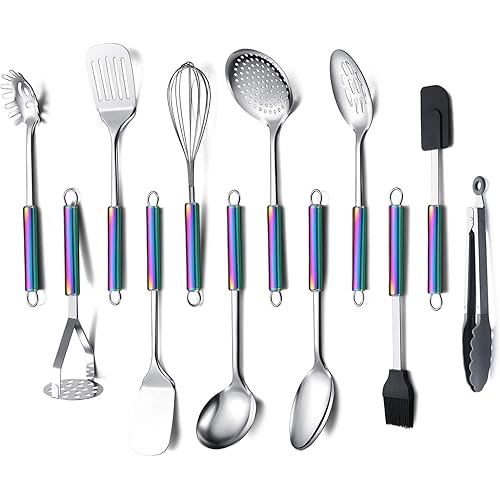 HOMQUEN Kitchen Utensils Set, 12 Pieces Cooking Utensils Set with Rainbow Handle, Rainbow Handle Kitchen Tools Set for Non-Stick Cookware, Kitchen Gadgets Pack of 12(Colorful)