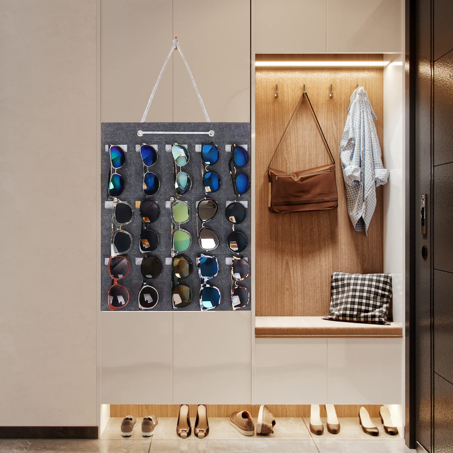 Portaocchiali Da Appendere Con 15 Scomparti - Custodia In Feltro Antipolvere Con 2 Panni Per Pulizia - Foto 12