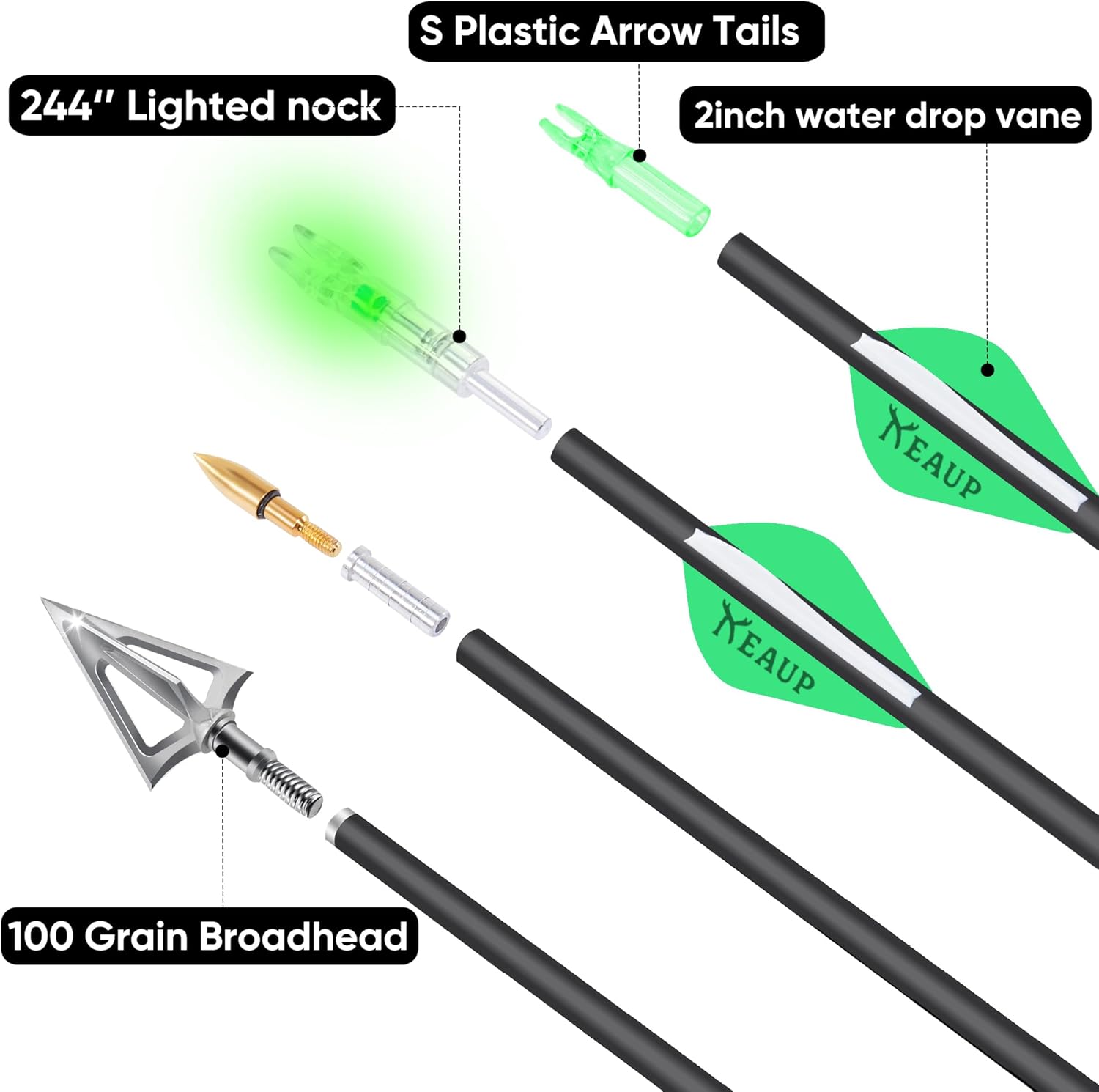 31 inch Carbon Hunting Arrows with 100 Grain Broadheads and .244/6.2mm Lighted Nocks Set, 6-Pack Hunting Compound Bow and Recurve Bow Shaft Spine 300/350/400/500