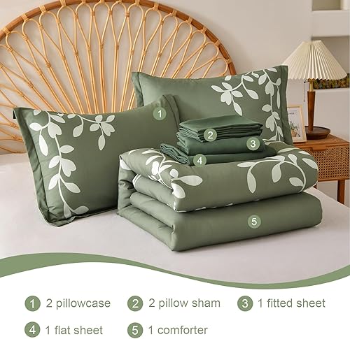 Miniatura 6 de METAHOTS Juego de edredón tamaño King  Juego de edredón de 7 piezas con estampado botánico floral en verde con sábanas, juego de ropa de cama de
