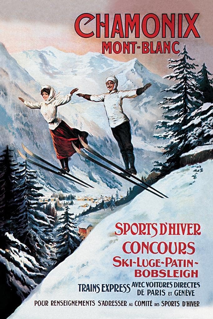 Laminated Chamonix Poster Mont Blanc Skiing Ski Sport French Vintage Posters Poster Dry Erase Wall Art 24x36