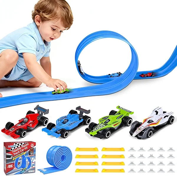 Plastic Flexible Race Car Track for Kids Toy with 20 Suction Cups & 8 Yellow Gasket Compatible with 4 Alloy Diecast 1:64 Cars Toys,13ft Rolls Up Portable Flex Track Racetrack Toy for 3 Up Years Old