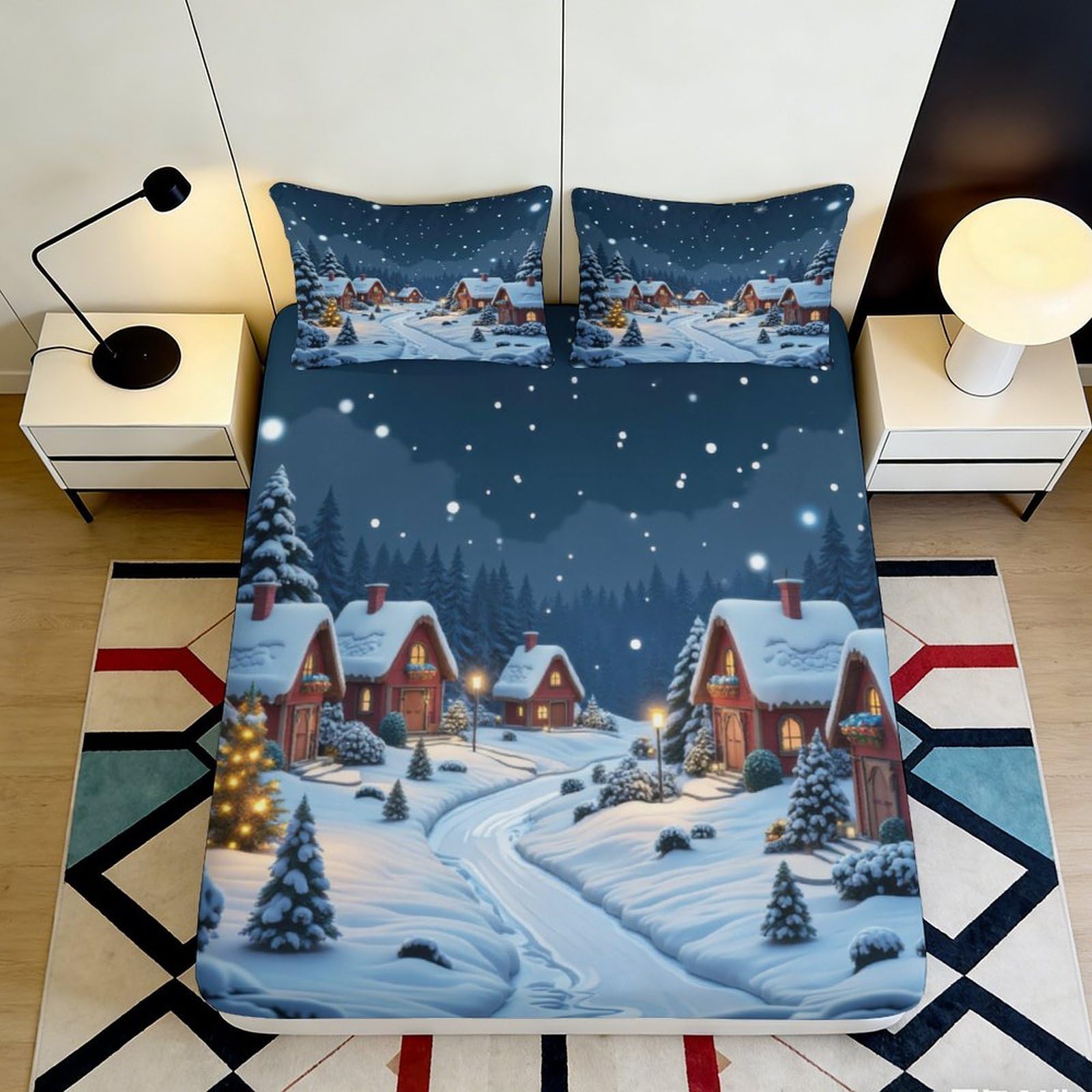 3D Printed Snowy Village Fitted Sheet Microfiber Soft Durable Night Sky Bed Cover for Bedroom Guest Room Dormitory Mattress Protection 140x200x25cm