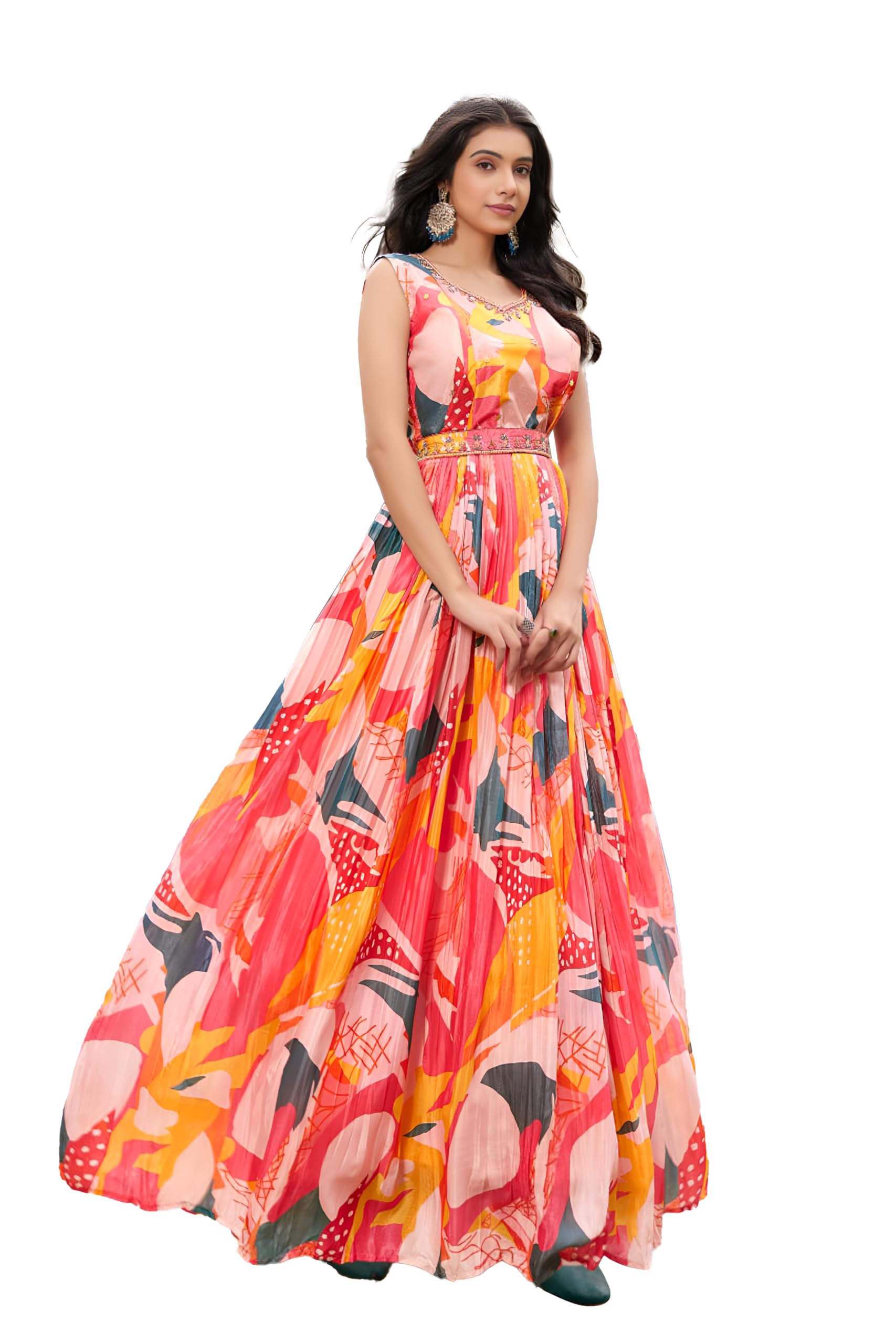 Hare Krishna Creation- Women's Multicolor Chinon Stitched Gown with Work:- Hend Embroidery with Mirror Work with Embroidery & Hend Worked Belt Anarkali Gown-image-8