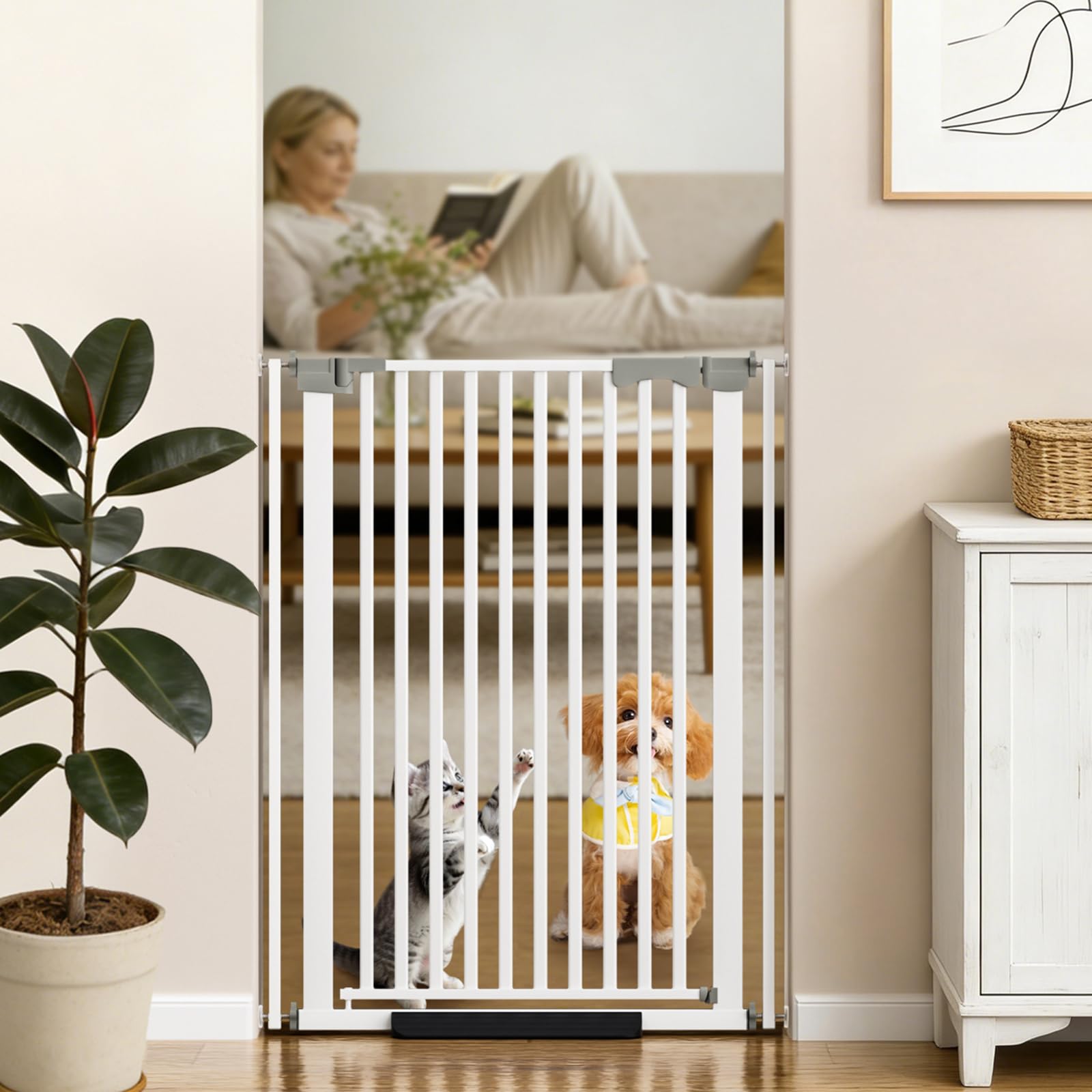 41" Extra Tall Cat Gate for Doorway, 30-32" Wide Auto Close Pet Gate with Extension Kits, No Drilling Pressure Mounted Dog Gate for Stairs, Doorways,