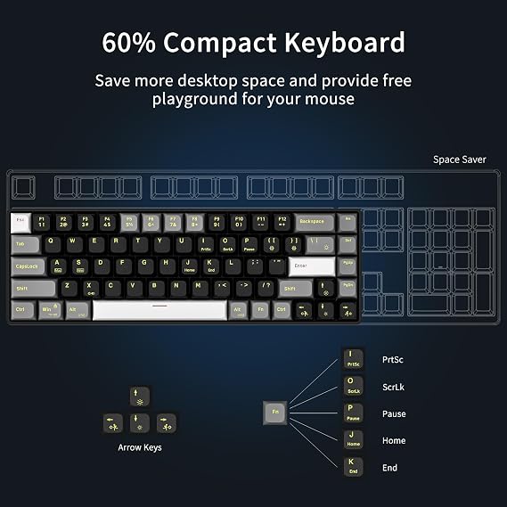 Newmen GM681 Mechanical Keyboard,68 Keys Compact USB 60% Custom LED Backlit Hot Swappable Small Mini Computer Gaming Mechanical Wired Keyboard for PC Gamer Win Mac,Black/White/Grey,Red Switch