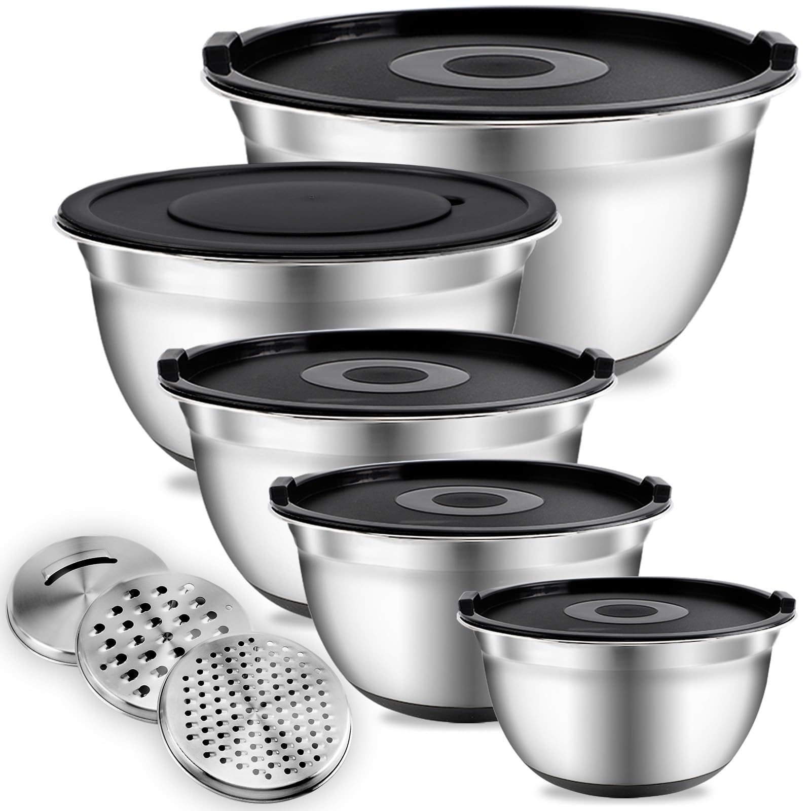 COOK WITH COLOR Edelstahl-Rührschüsseln, 14-teiliges Edelstahl-Nistschüssel-Set mit Silikondeckeln und Reibeaufsätzen