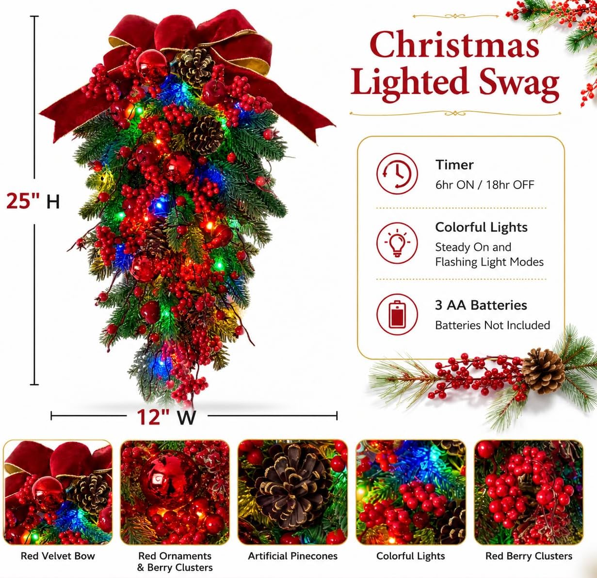 Svndlyn Lighted Christmas Teardrop Swag with 20 Multicolor LEDs and Timer