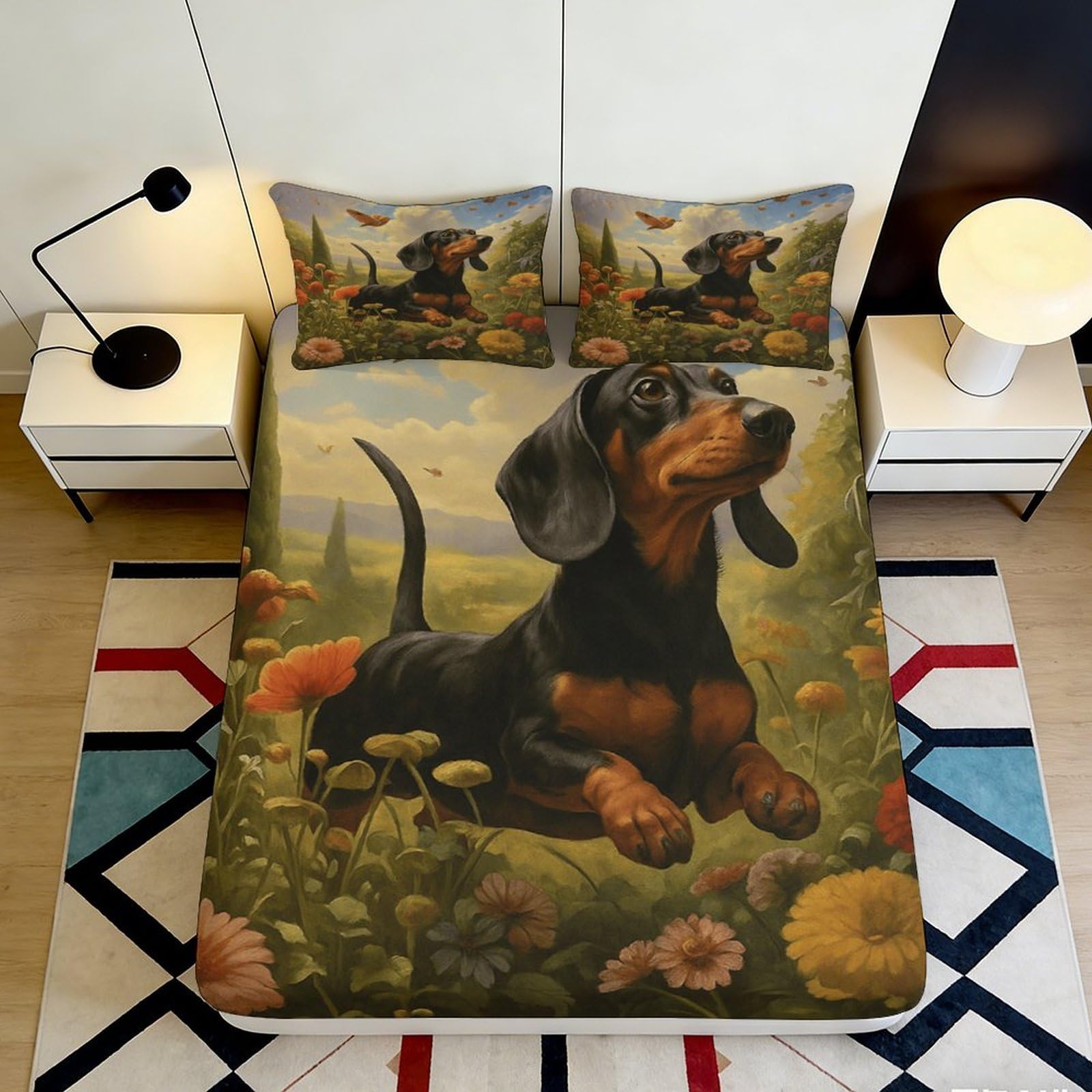 3D Printed Dachshund Pattern Fitted Sheet Microfiber Deep Pocket Non-Slip Animal Mattress Fitted Cover Bedroom 200x200x25cm 90x200x25cm