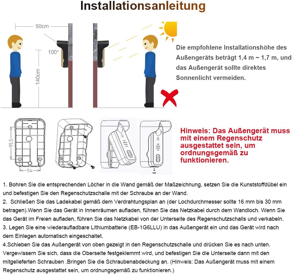 Diagram showing recommended installation height and rain cover for outdoor unit