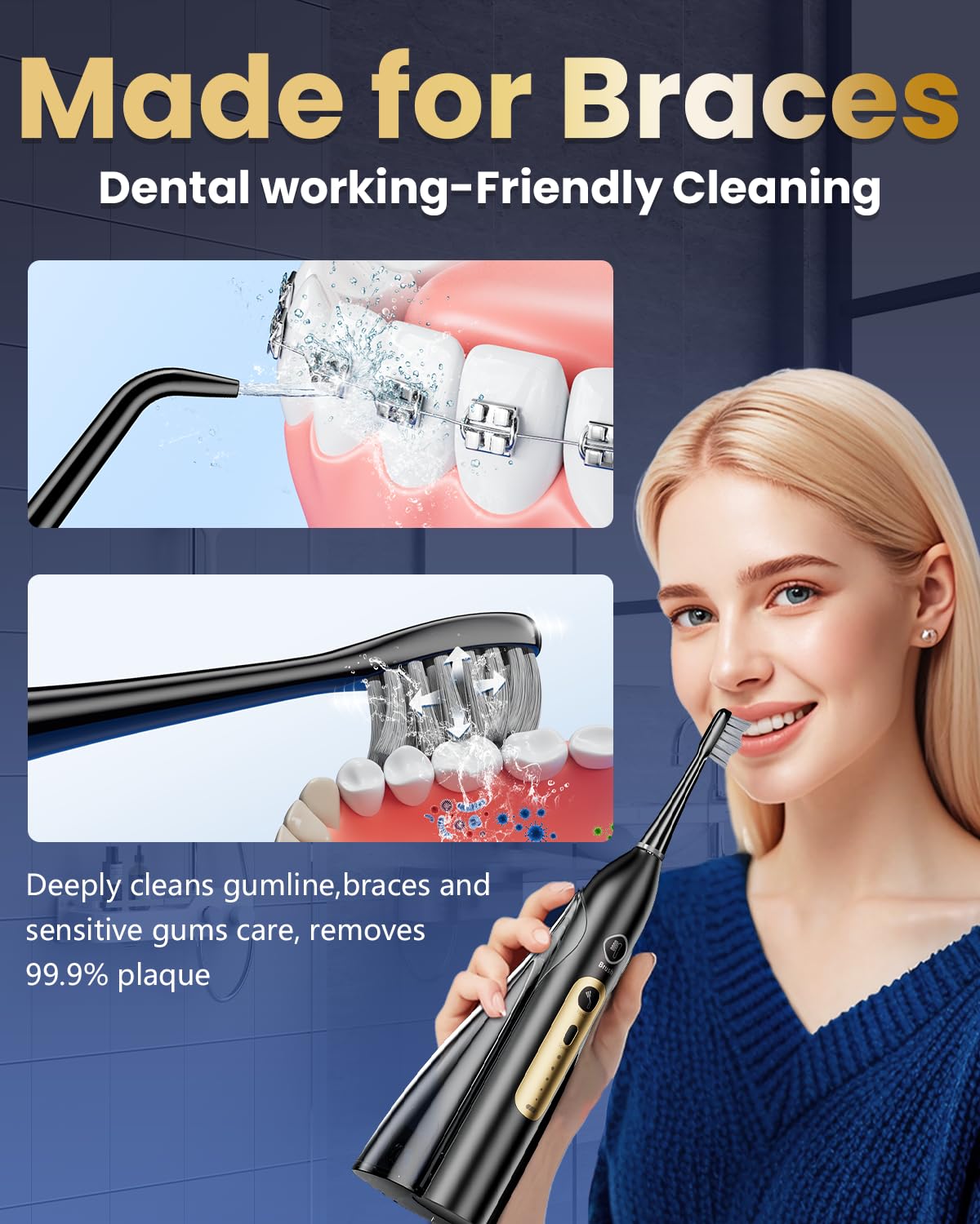 Elektrische Zahnbürste mit Wasser Flosser Combo, Professionelle Mundpflege mit 3 Bürstenmodi & 5 Wasserdruck, Wiederaufladbare Zahnseide Zahnbürste für Erwachsene Zahnreinigung, Kabellos für Zuhause