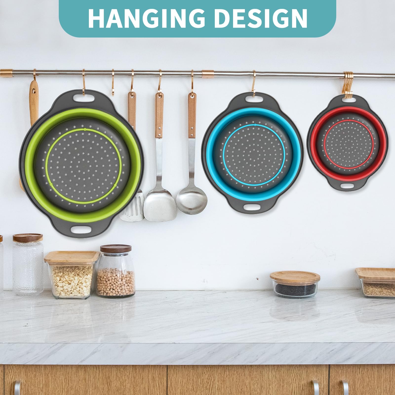 Paquete de 3 coladores con asas, coladores redondos plegables de 3 tamaños para drenar pasta, verduras y frutas, cesta de drenaje plegable para cocina y uso de viaje