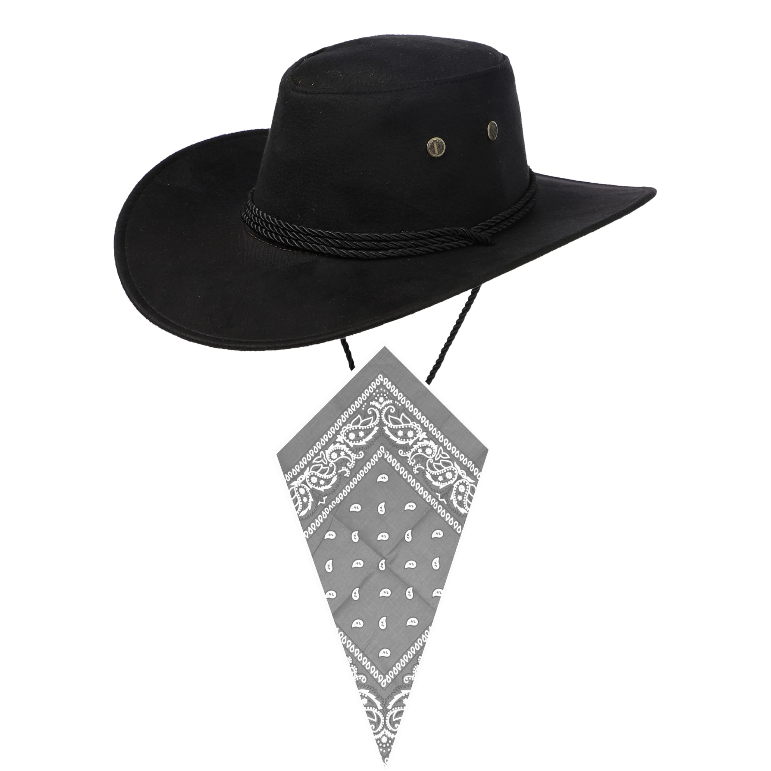 Komonee Black Cowboy Hat and Grey Bandana Western Sun Cap Faux Felt Leather Suede Fancy Dress Party Costume Outfit Neckscarf Sun Protection Mens Womens