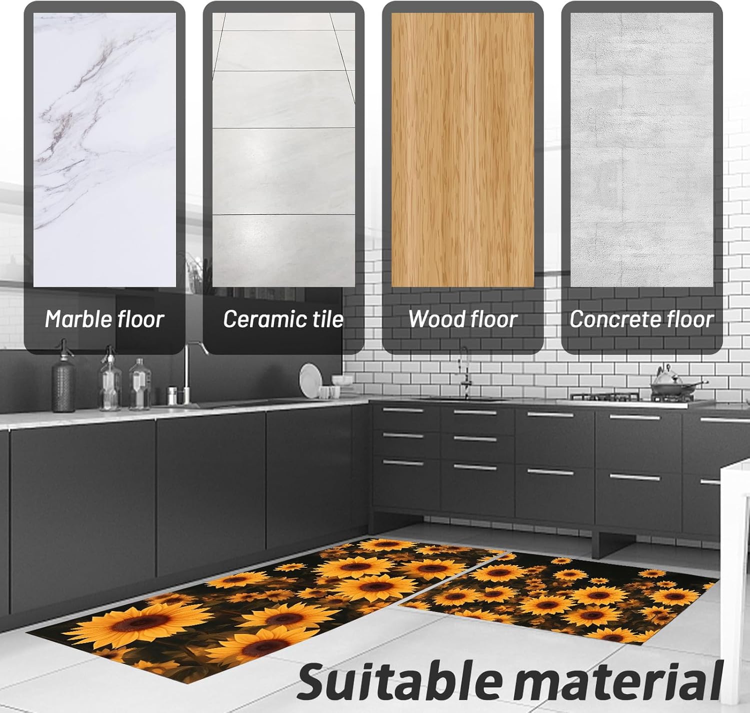 Non Slip Kitchen Rug Set, Water Absorbent Sunflower Field Floor Mats, Surrealist Style Kitchen Carpets Rugs for Home Dining Room Entryway, Orange 17.3"x59"+17.3"x30" 2 Pieces