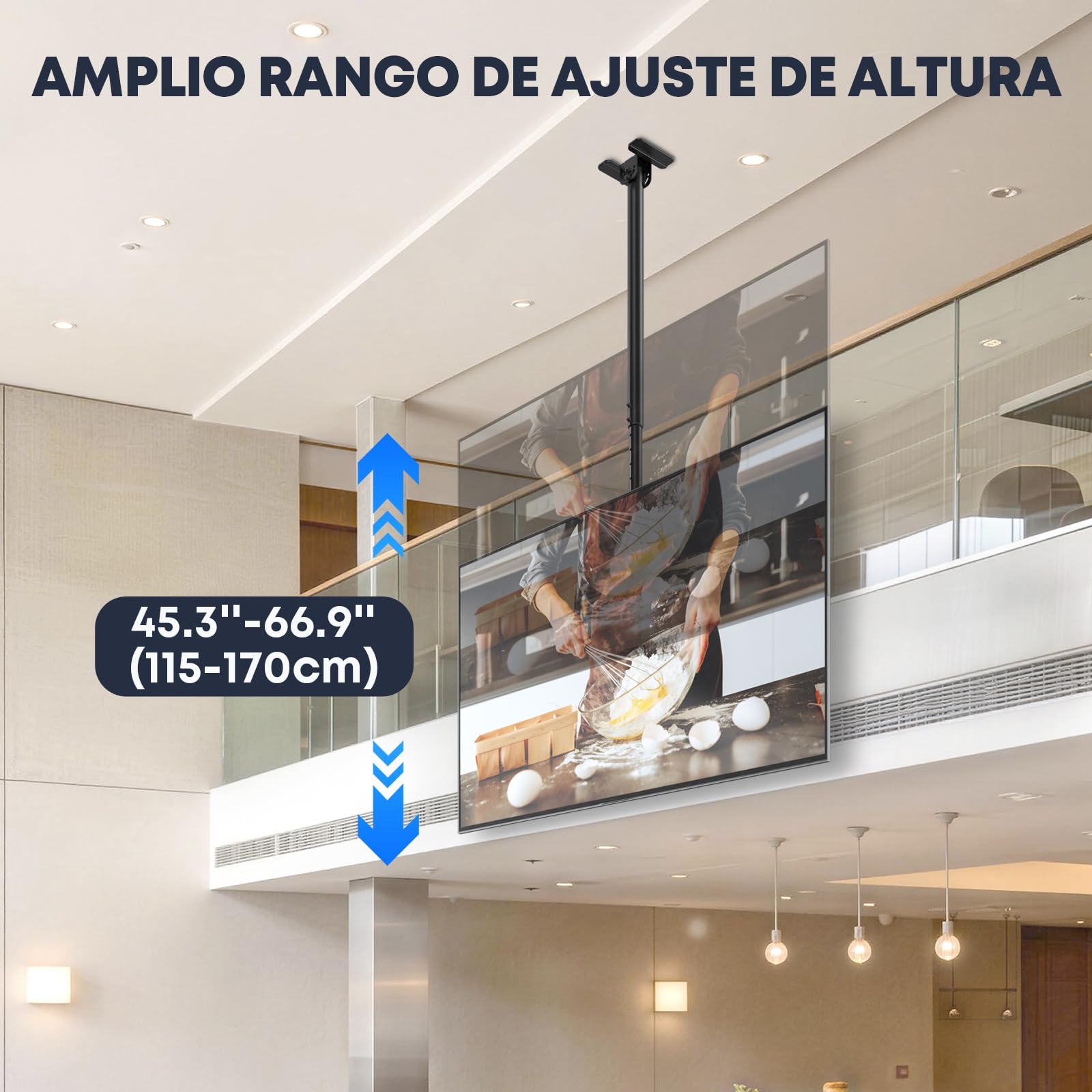 Soporte de techo para TV de 50 a 100 pulgadas, capacidad de carga de 80 kg, altura ajustable de 115 a 170 cm, soporte de TV para techo con giro y inclinación con VESA hasta 800x600 mm para uso