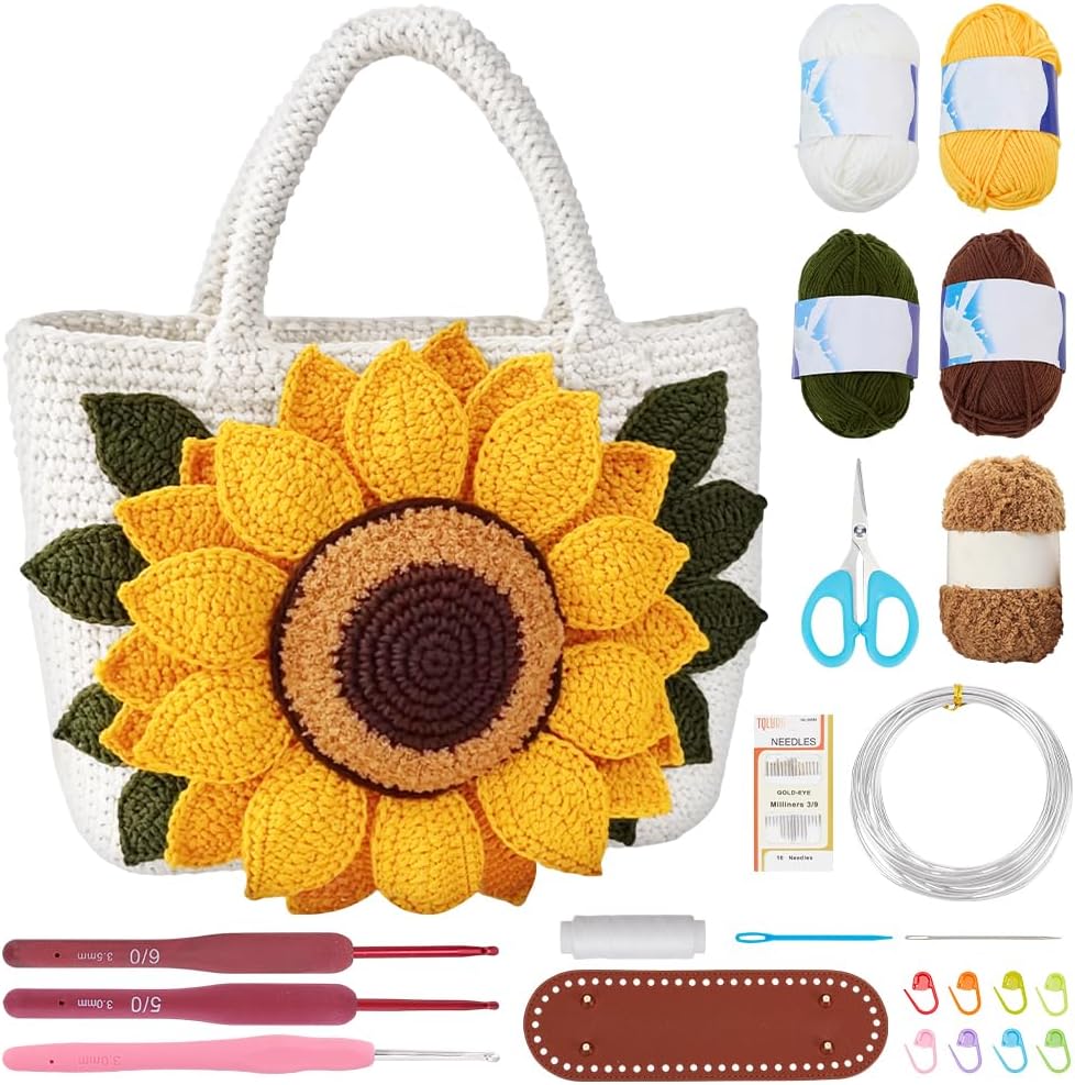 FREEBLOSS Crochet Sunflower Bag Kit Tote Bag Crochet Kit for Beginners with Video Tutorial Handmade Crocheting Handbag Making Supplies for Knitting Lovers