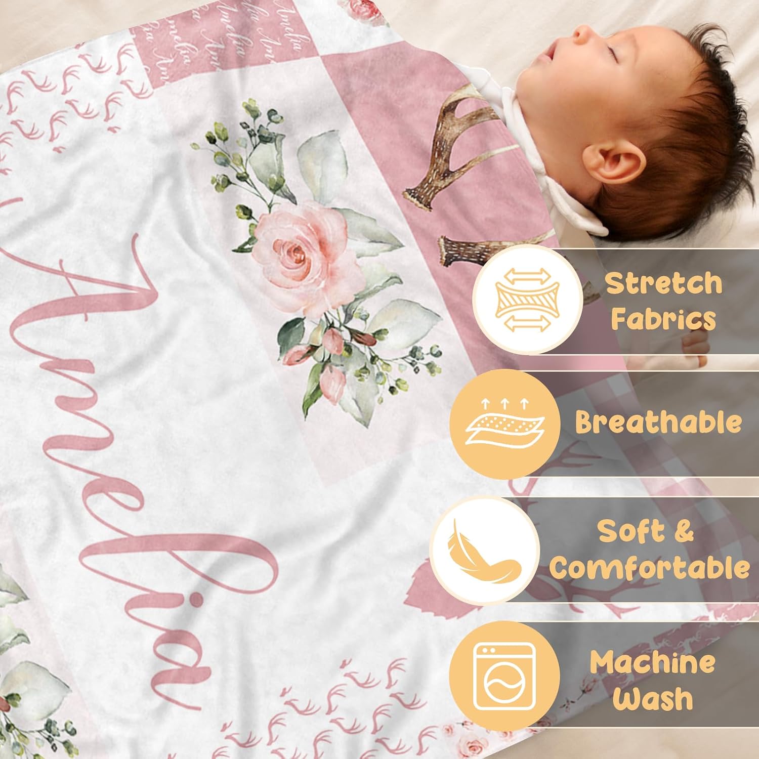 Terwex Baby Girl Blanket with Name – Personalized Pink Baby Blanket for Infant Toddler Girls, Floral Woodland Deer Flannel Receiving Swaddle, Custom Newborn Gifts for Birthday New Parents(47"x60")