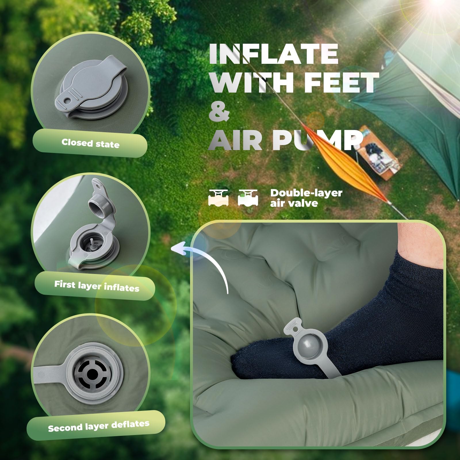 Matelas de camping pour camping en plein air, lit de camping gonflable ultra léger avec oreiller intégré, coussin d'air, sac de transport – Compact et léger équipement de camping essentiel