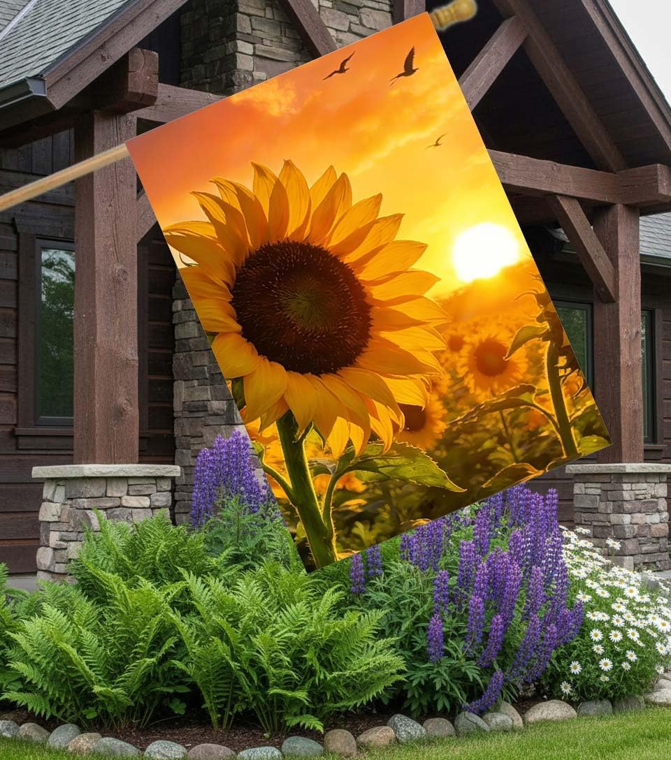 Seasonal Sunflowers Floral Flowers Summer Spring Sunset Landscape House Flag 28 x 40 Inch, Double Sided Large Garden Yard Welcome Flags Banners for Home Lawn Patio Outdoor Decor