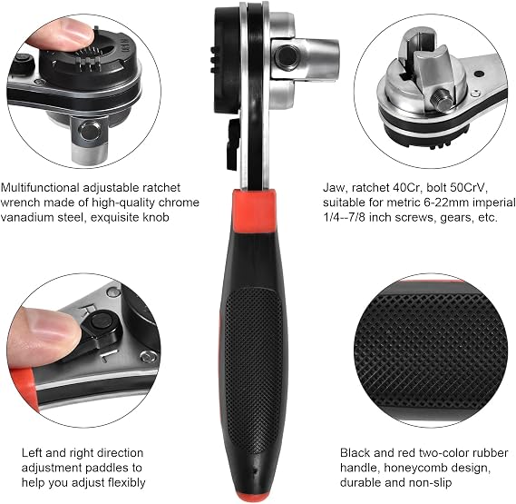 SaferCCTV Adjustable Ratchet Wrench for 6-22mm Screw, Multifunctional Universal Socket Wrench, Ratcheting Adjustable Wrench with Comfortable Rubber Non-slip Handle, 8 Inch