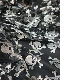 Silver Metallic Skulls On Black Mesh Hallowen Fabric Sold by The Yard Clothing Draping Decoration Pirate Skulls Telas para Costura