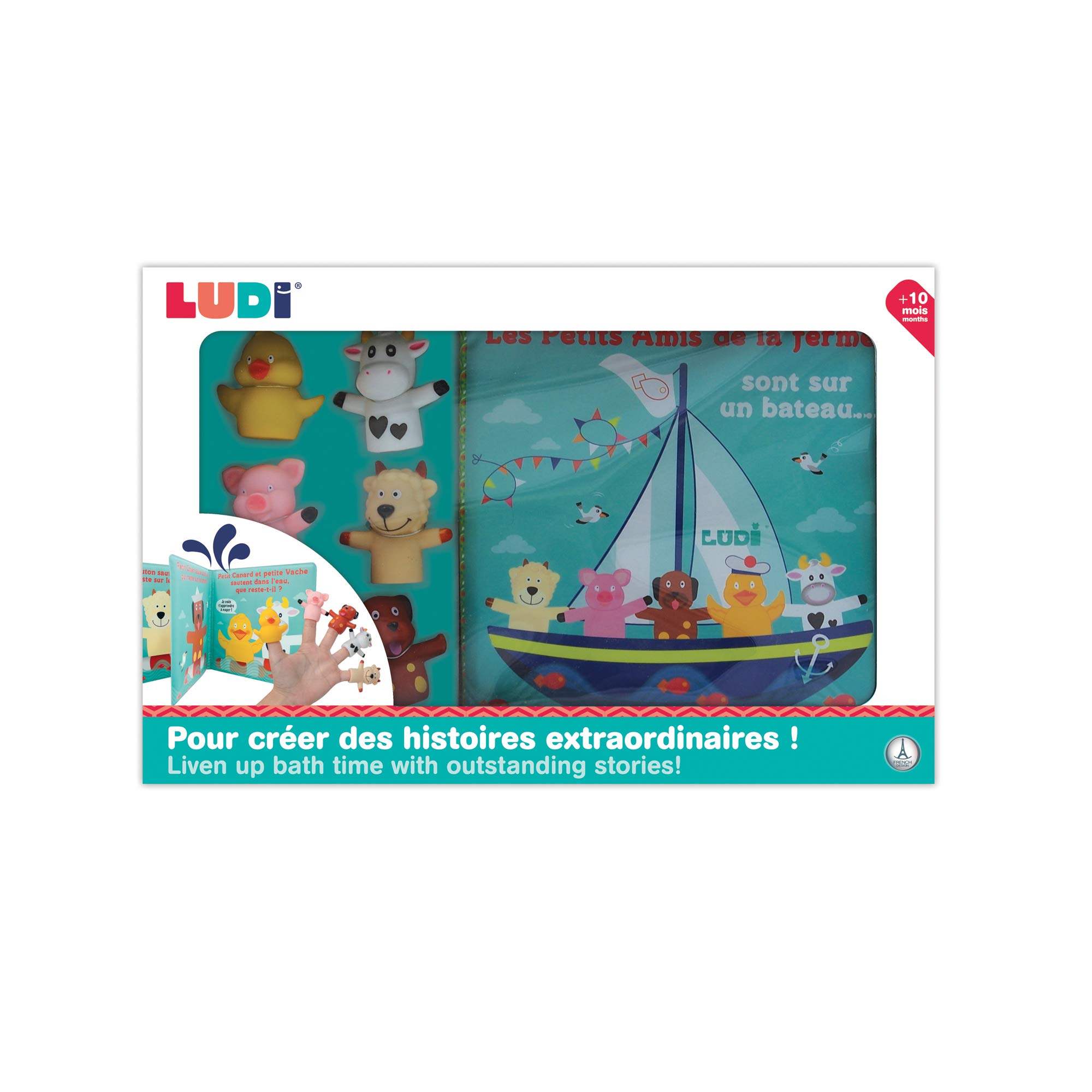 LUDI - Livre d'éveil de Bain avec 5 Marionnettes de Doigts Thème Fond