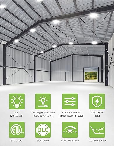 Miniatura 2 de KUKUPPO Paquete de 2 luces LED de alta bahía de 150 W, 120 W, 90 W, ajustables, 4500 K, 5000 K, 5700 K, luz de tienda UFO de alta bahía con enchufe,