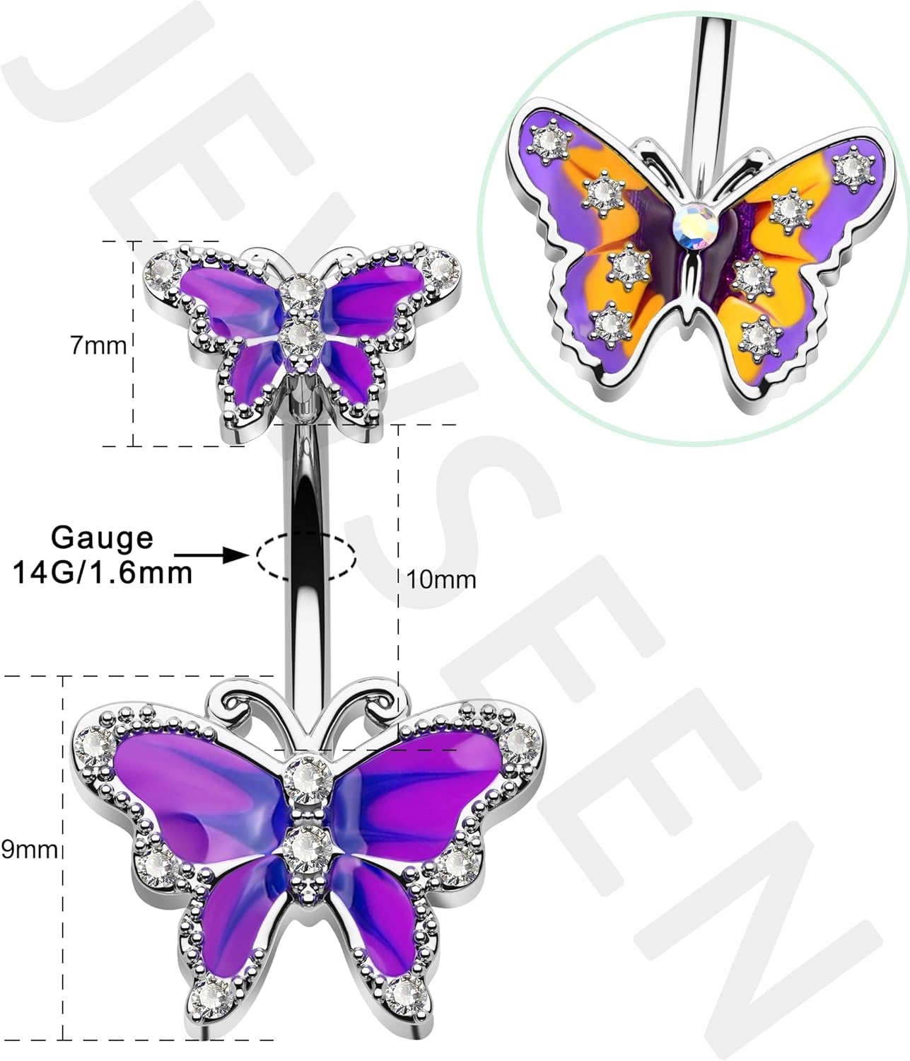 Jewseen Butterfly Belly Button Ring Surgical Steel 14G Belly Ring Purple Navel Piercing Jewelry Curved Barbell Belly Piercing Jewelry for Women - Image 5