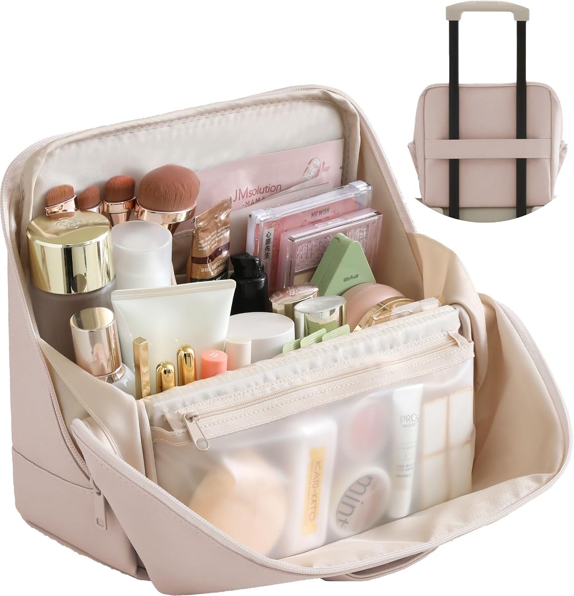 tianzong Bolsa de maquillaje de viaje con solapa plegable magnética, organizador de cosméticos y artículos de tocador de cuero impermeable para mujeres, almacenamiento de pie multizona, rosa polvoriento, extragrande