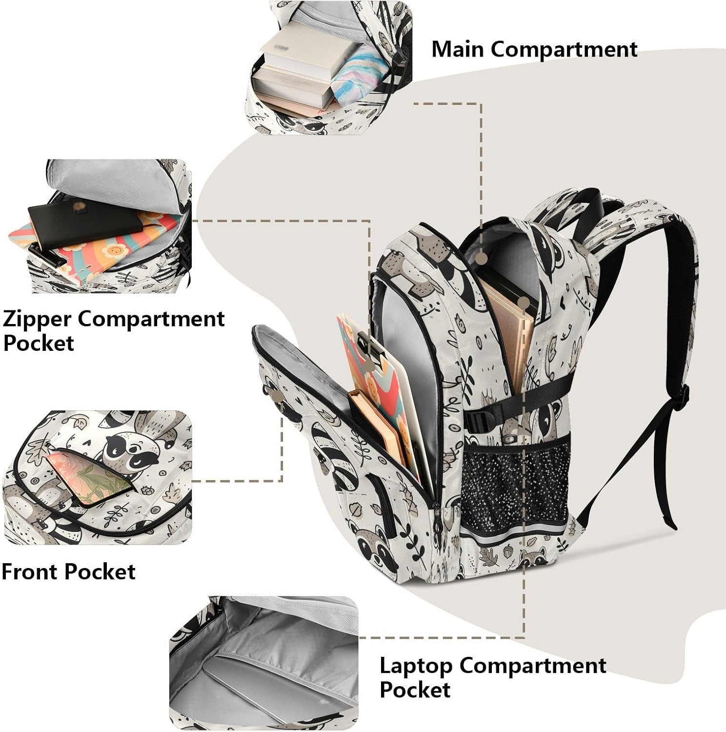 ALAZA Cute Raccoon Backpack with Mulitiple Pockets for School Outdoor College Travel Bookbag 14 inch Laptop Backpack for Men and Women54 image 5