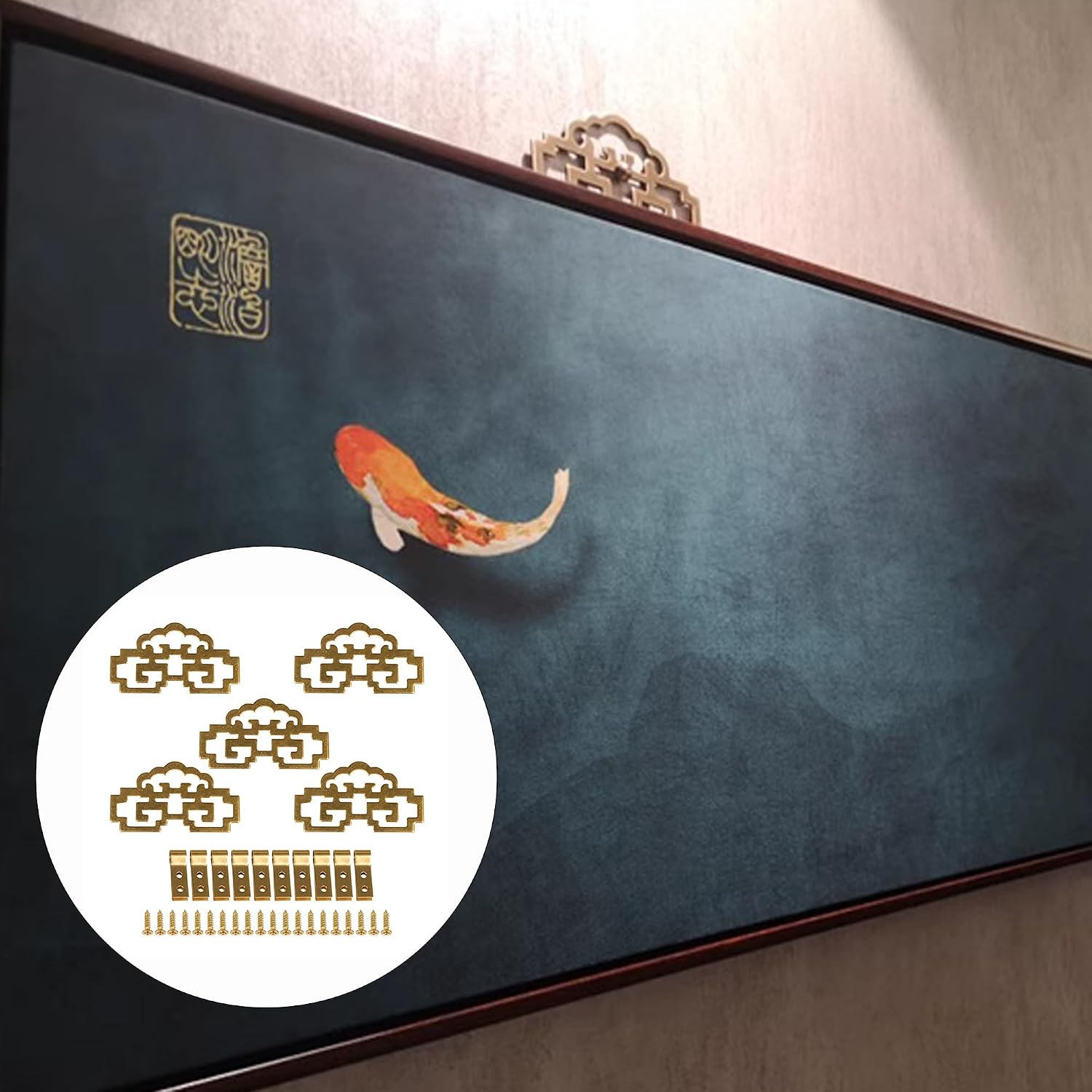 8cmx4.6cm Brass Antique Chinese Classical Painting Label Frame Picture Hangers Hanging Hook with Screws Pack of 5