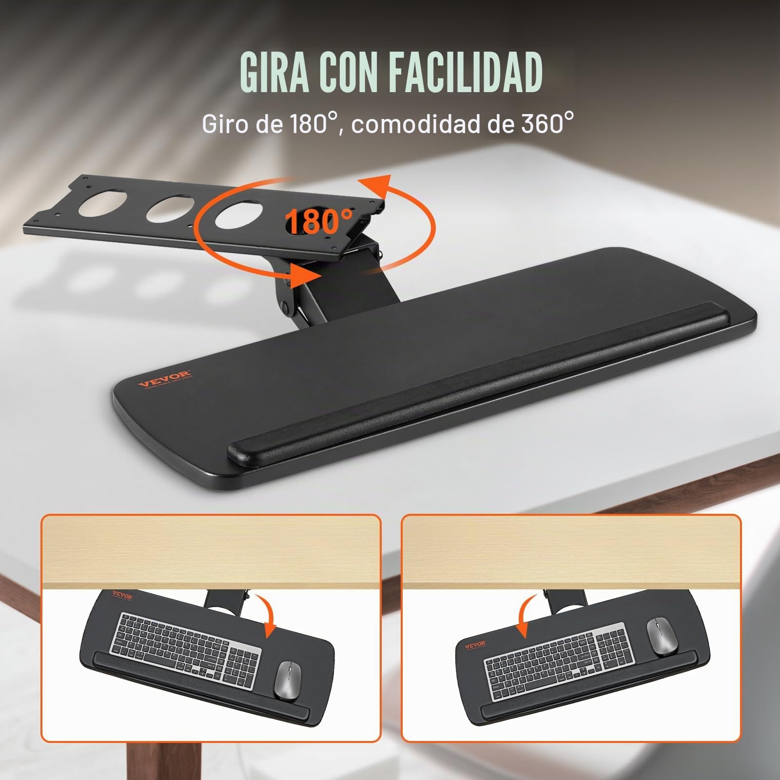 VEVOR Soporte para Teclado Bandeja Deslizante para Teclado y Ratón de 63,5x25 cm Debajo del Escritorio Carga Máxima de 5 kg Fijación Fácil y Ángulo Ajustable para PC en Oficina Casa