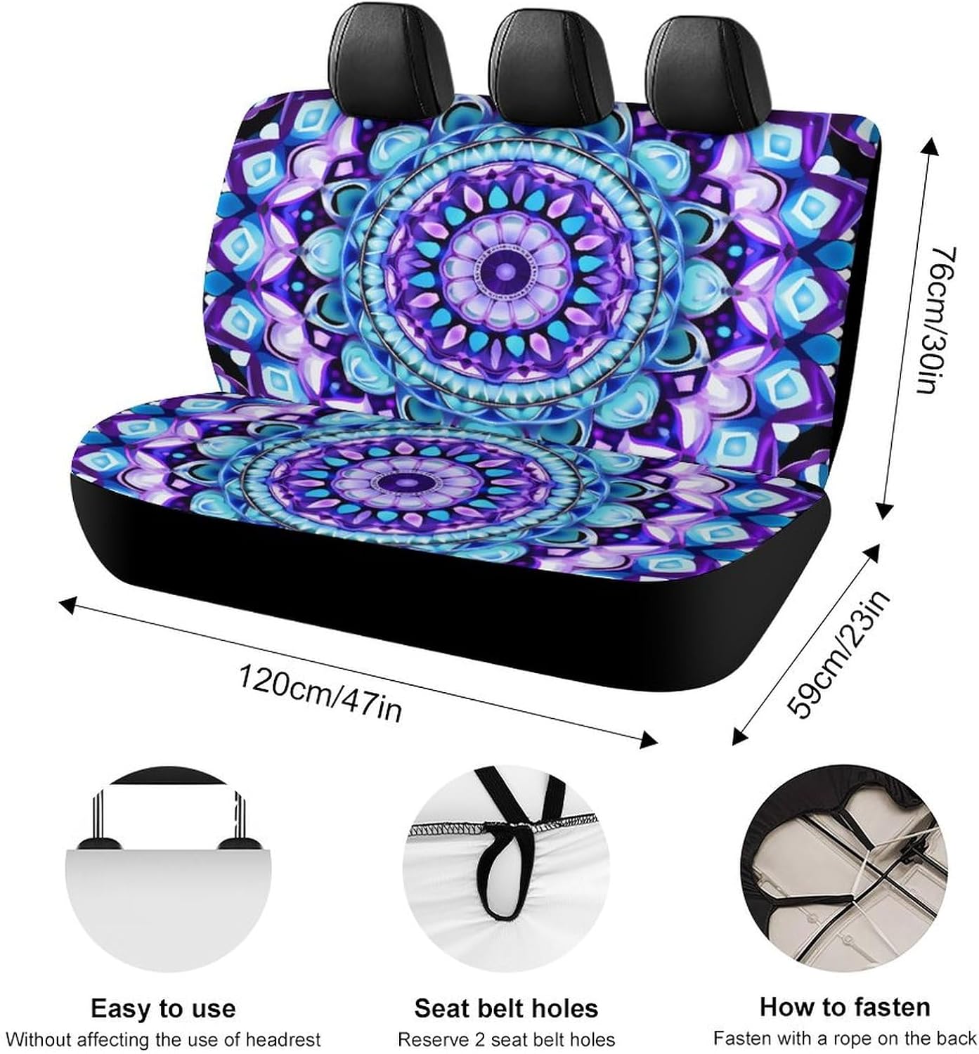 Delerain Car Rear Seat Covers, Boho Mandala Turquoise Car Backseat Protector Universal Back Seats Vehicle Enterior Protector Suitable Fits SUV Sedan Trucks