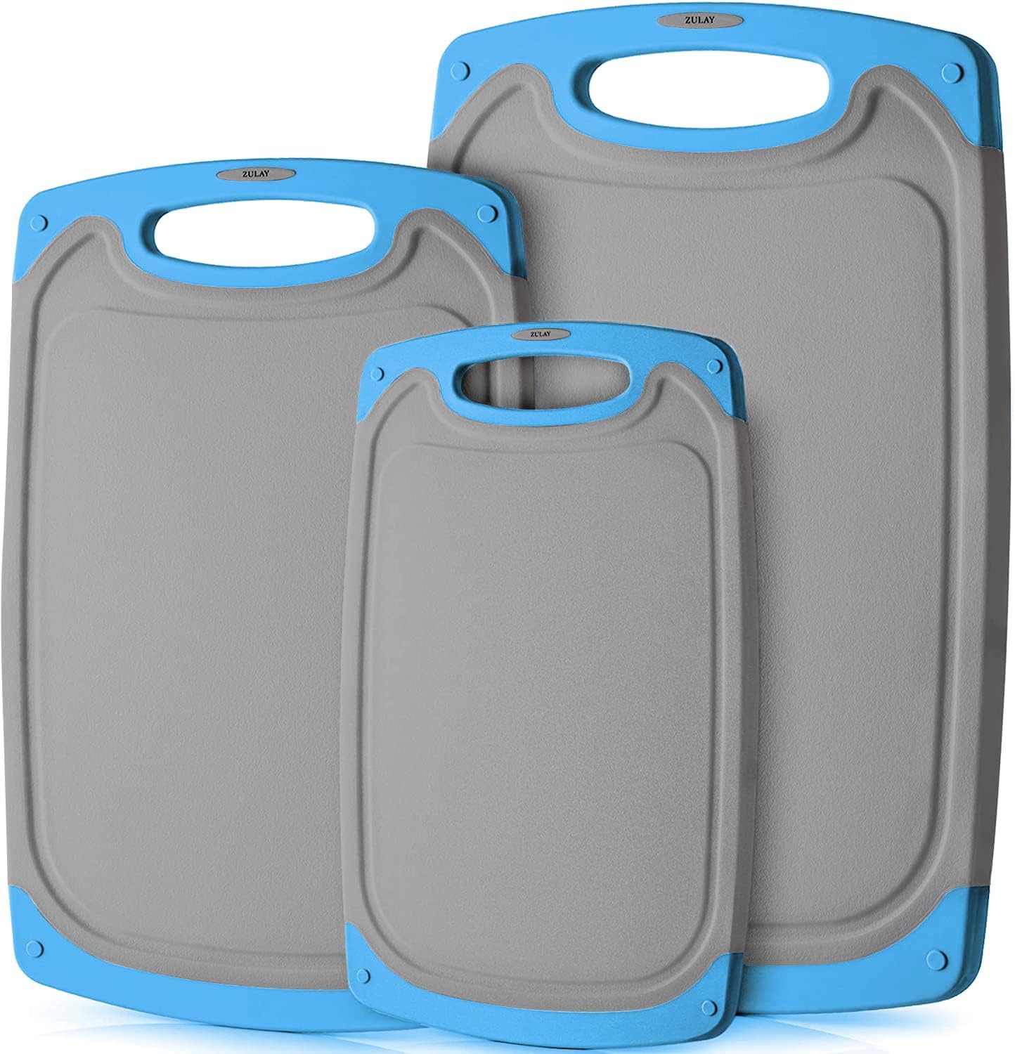 Zulay Kitchen (3-Piece Set) Cutting Boards For Kitchen Dishwasher Safe - Plastic Cutting Board Set - Non Slip Kitchen Cutting Board With Juice Groove - Multiple Sizes (Gray/Blue)